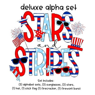 Stars + Stripes Deluxe Alphabet Letter Set | July 4 Patriotic Alphapack Font | PNG | Sublimation Doodle Letter | Font Set | Transfer Letters