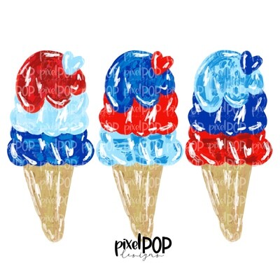 Ice Cream Cone Trio Red White Blue July 4 PNG | Ice Cream Cones | Sublimation Design | Hand Painted Digital Art | Printable | Clip Art