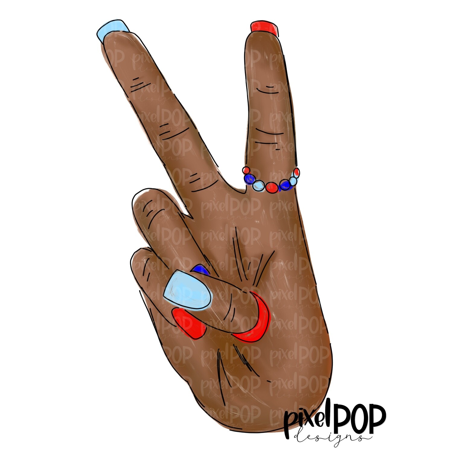 July 4 Peace Sign Fingers Dark Skin PNG | Red White Blue 4th of July Design | Hand Drawn PNG | July 4th | Digital Download | Printable Art
