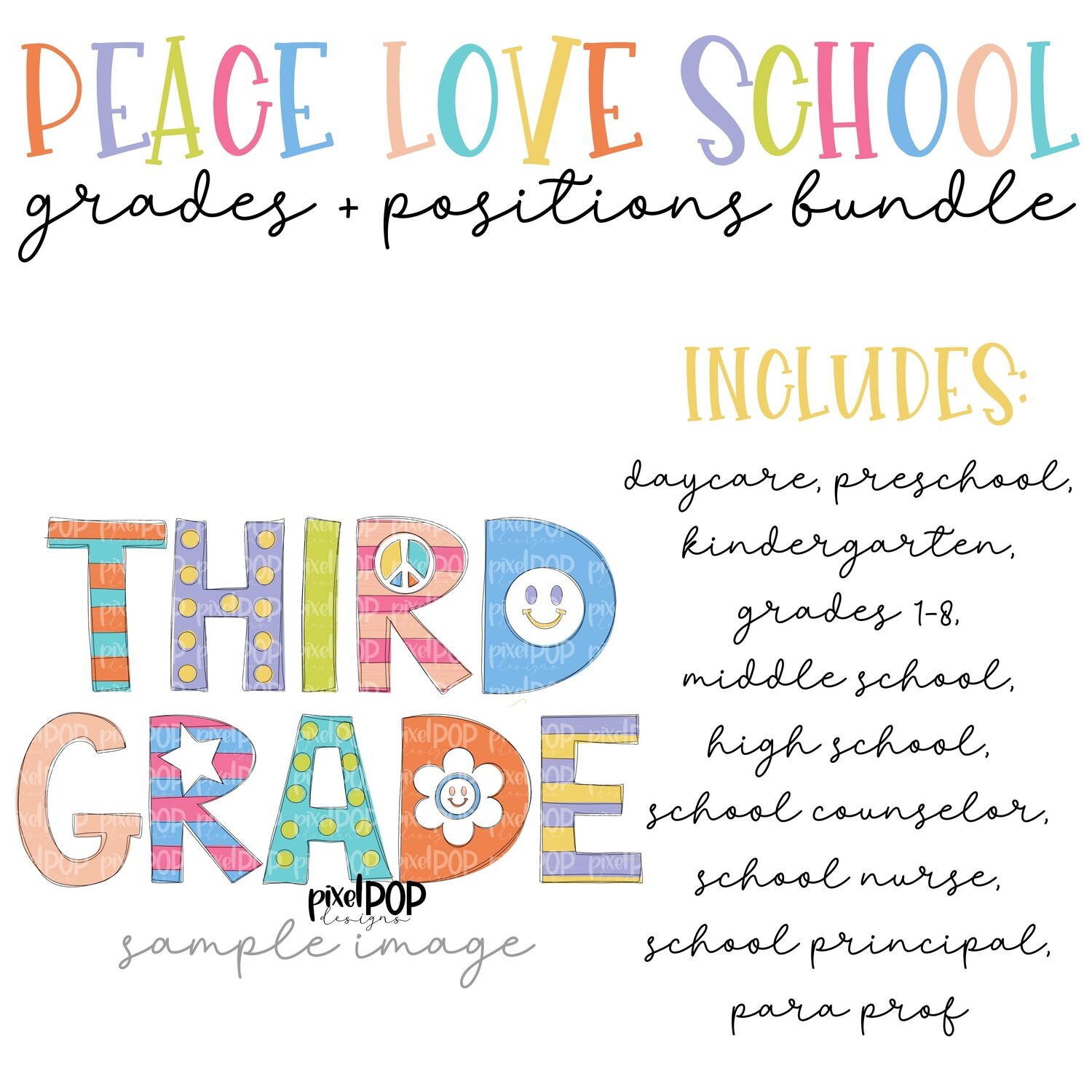 Peace Love School - Grades and Positions PNG Bundle | School Design | Sublimation | Digital Art | Digital Download | Printable