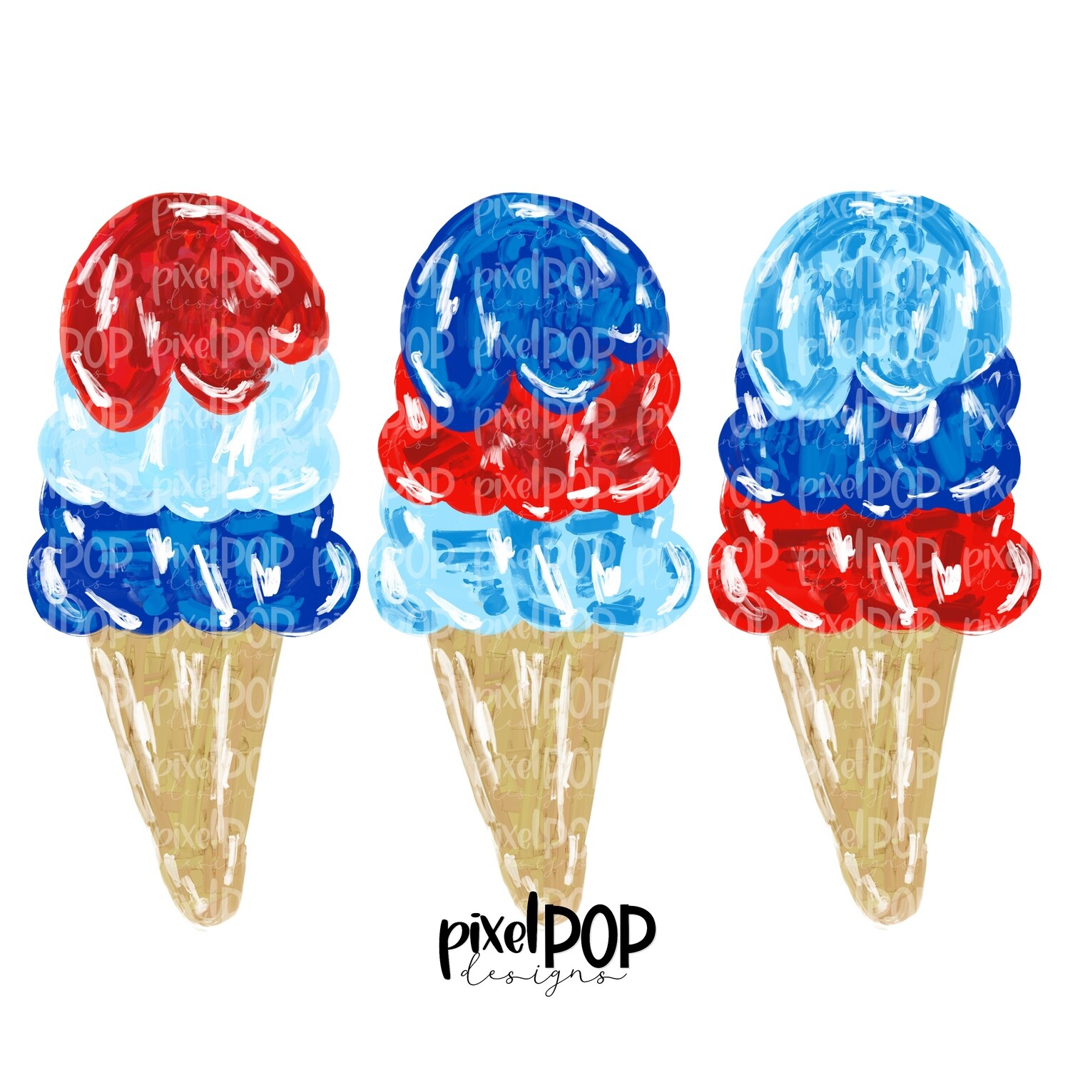 Ice Cream Cone Trio Red White Blue July 4 No Hearts PNG | Ice Cream Cones | Sublimation Design | Hand Painted Digital Art | Printable | Clip Art