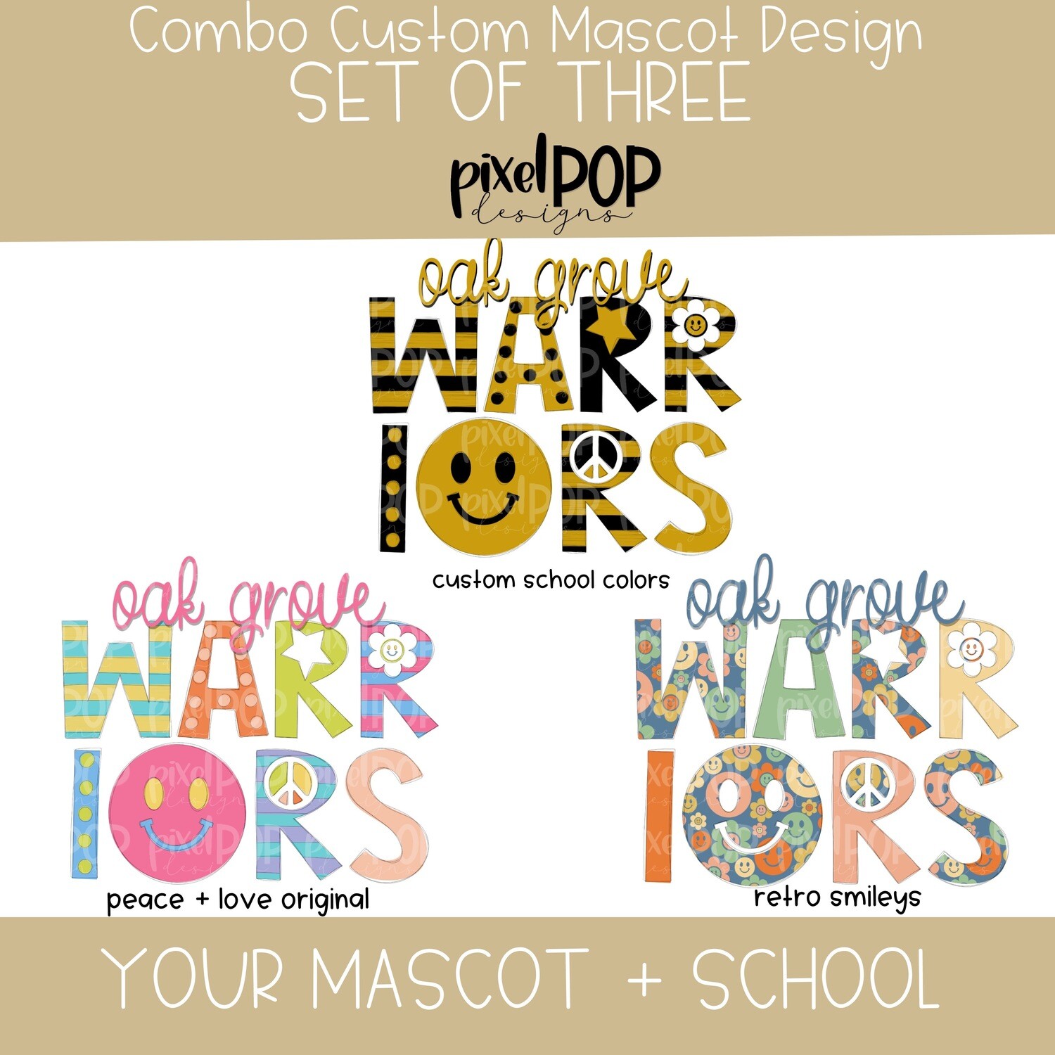 Set of THREE Mascot + School Images (Custom Colors, Peace + Love and Retro Smileys)