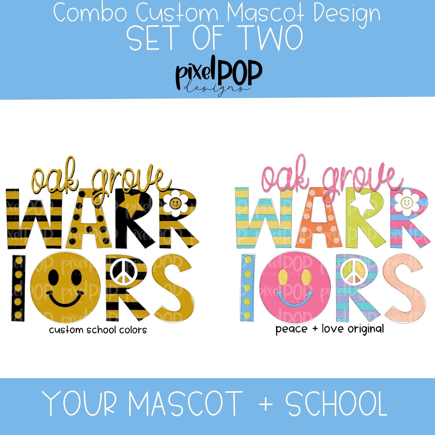 Set of TWO Mascot + School Images (Custom Colors and Peace + Love)