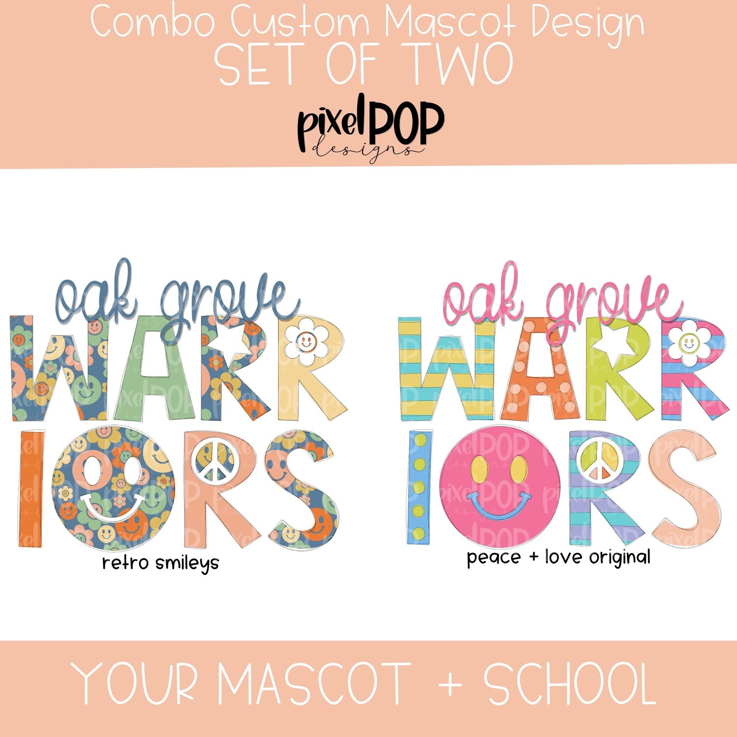 Set of TWO Mascot + School Images (Retro Smileys and Peace + Love)
