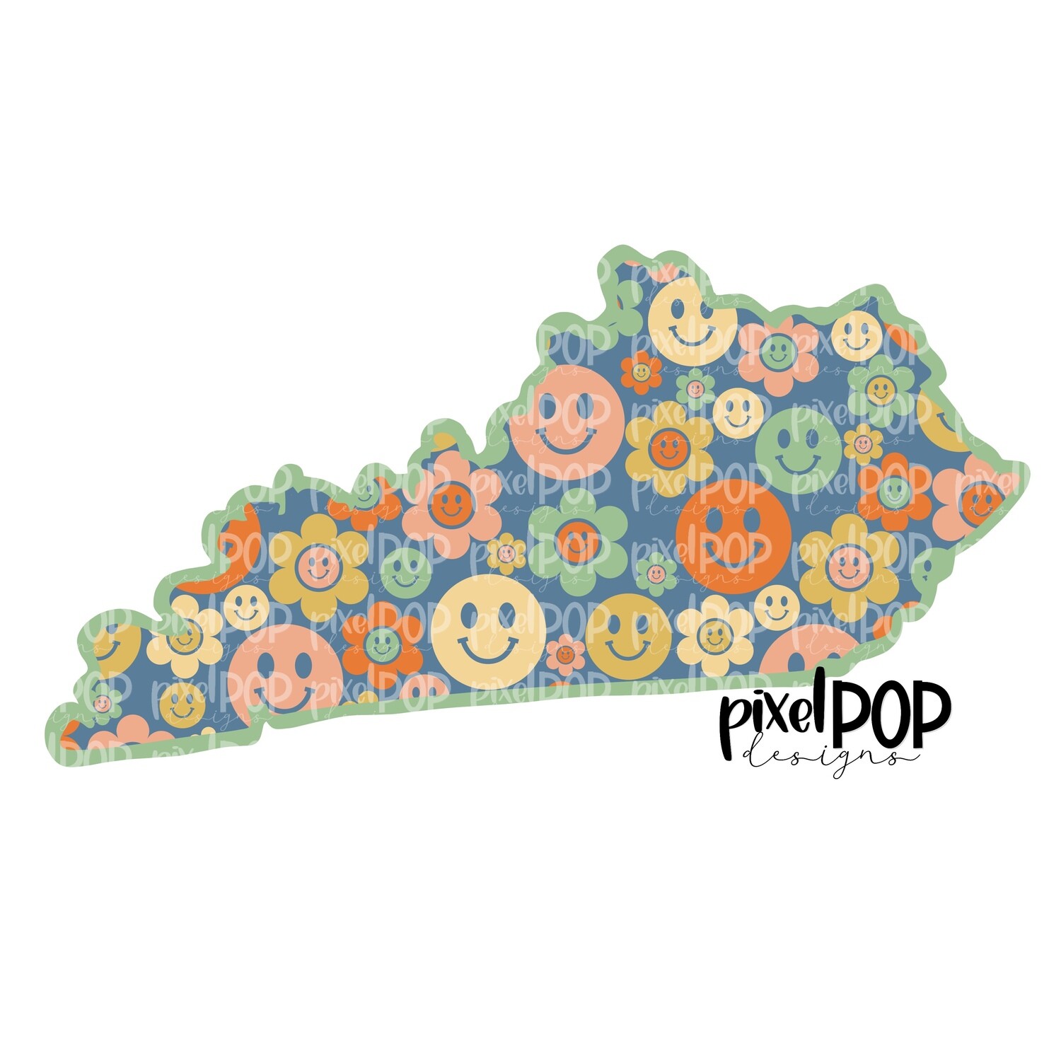 State of Kentucky Shape Retro Smileys Digital PNG | Texas TX | Home State | Heat Transfer | Digital | Floral State Shape
