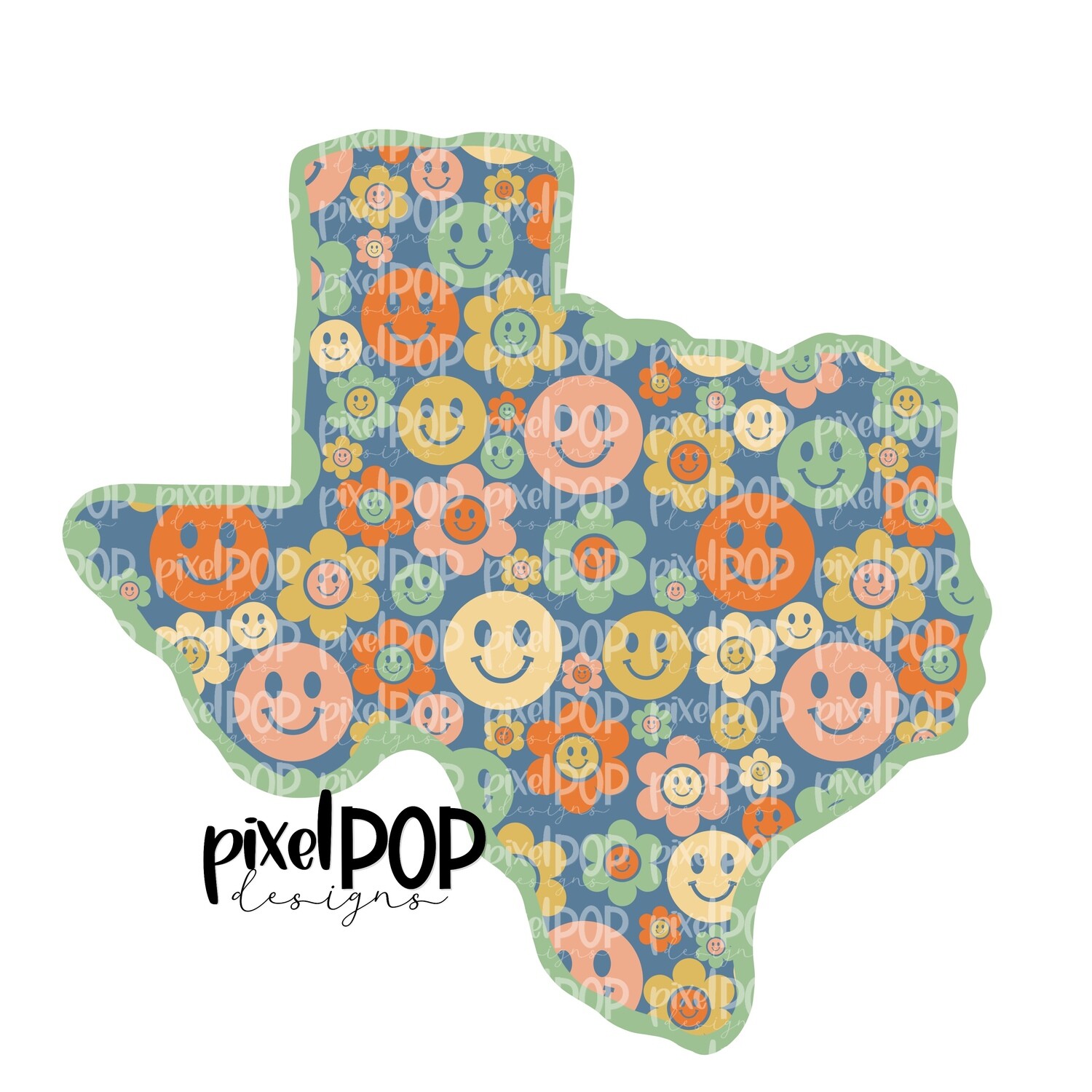 State of Texas Shape Retro Smileys Digital PNG | Texas TX | Home State | Heat Transfer | Digital | Floral State Shape