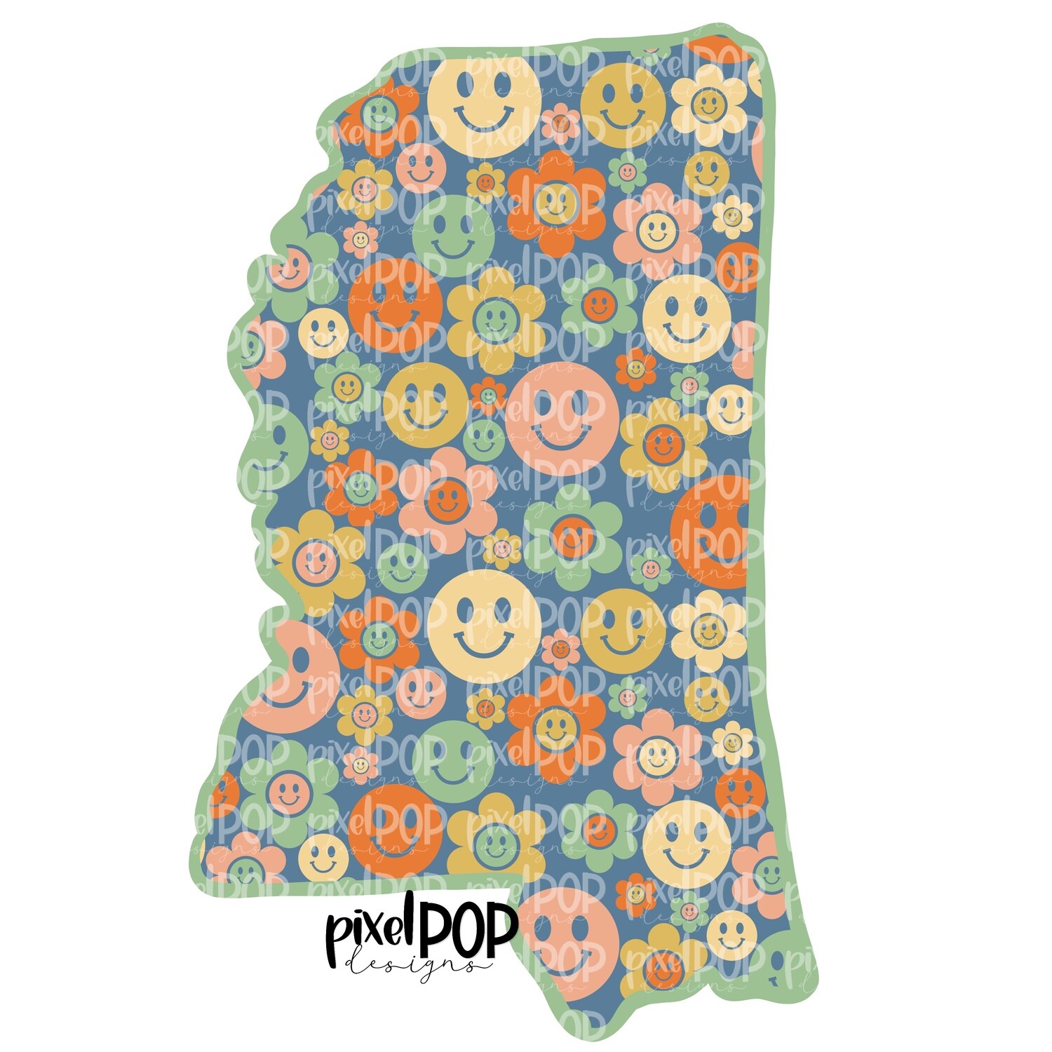 State of Mississippi Shape Retro Smileys Digital PNG | Texas TX | Home State | Heat Transfer | Digital | Floral State Shape