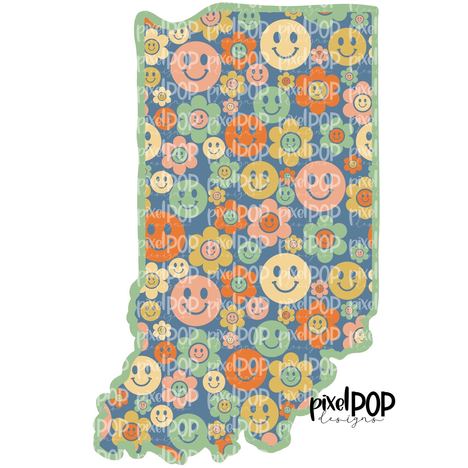 State of Indiana Shape Retro Smileys Digital PNG | Texas TX | Home State | Heat Transfer | Digital | Floral State Shape
