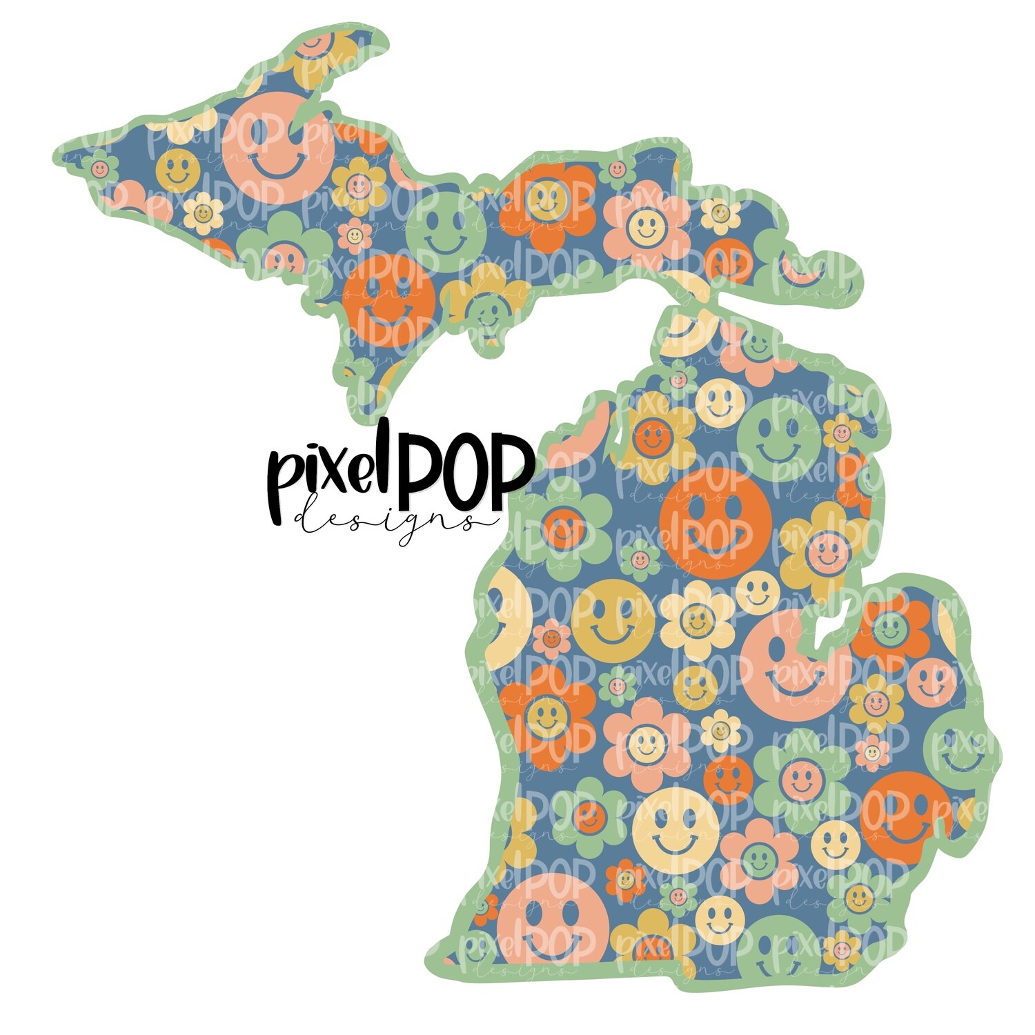 State of Michigan Shape Retro Smileys Digital PNG | Texas TX | Home State | Heat Transfer | Digital | Floral State Shape