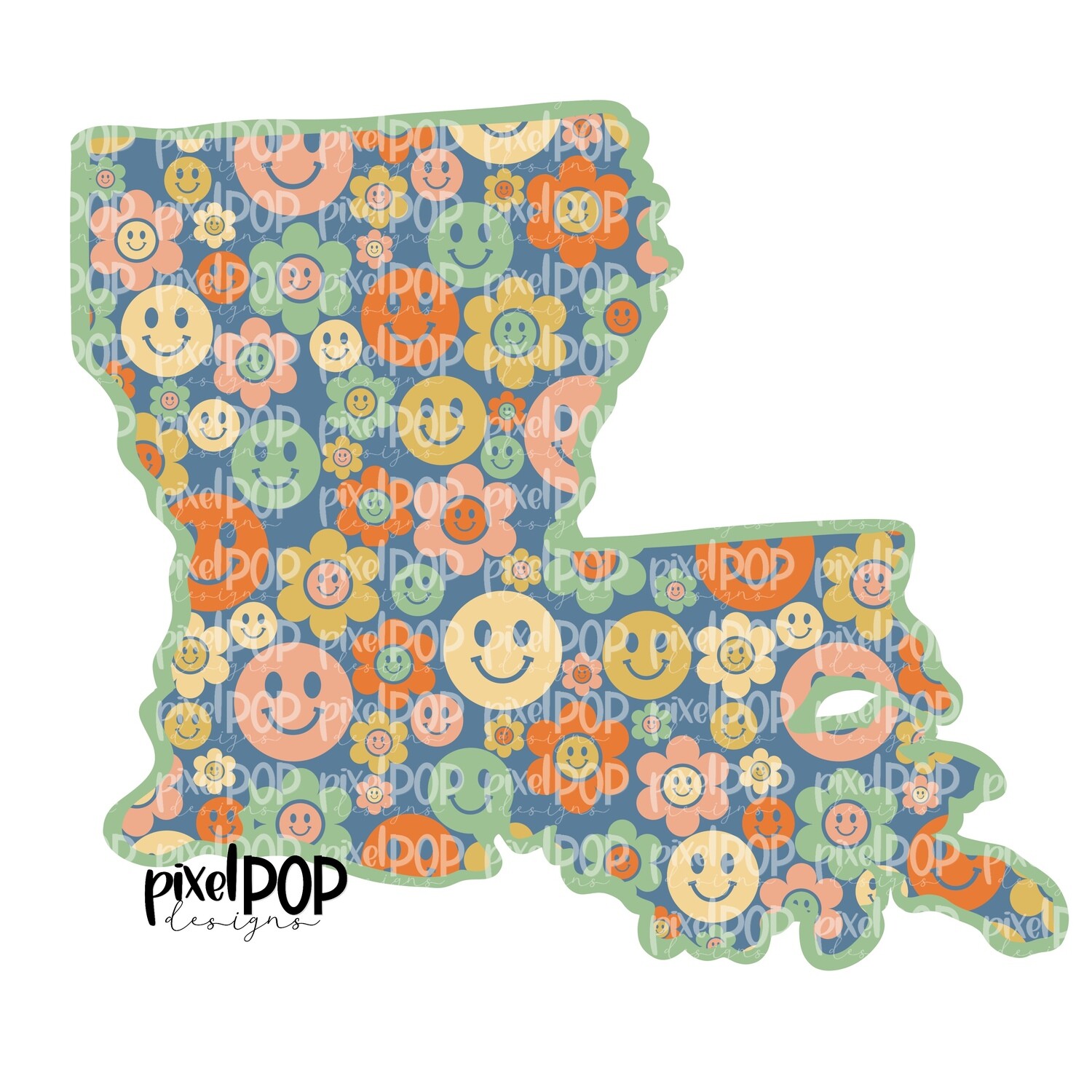 State of Louisiana Shape Retro Smileys Digital PNG | Texas TX | Home State | Heat Transfer | Digital | Floral State Shape