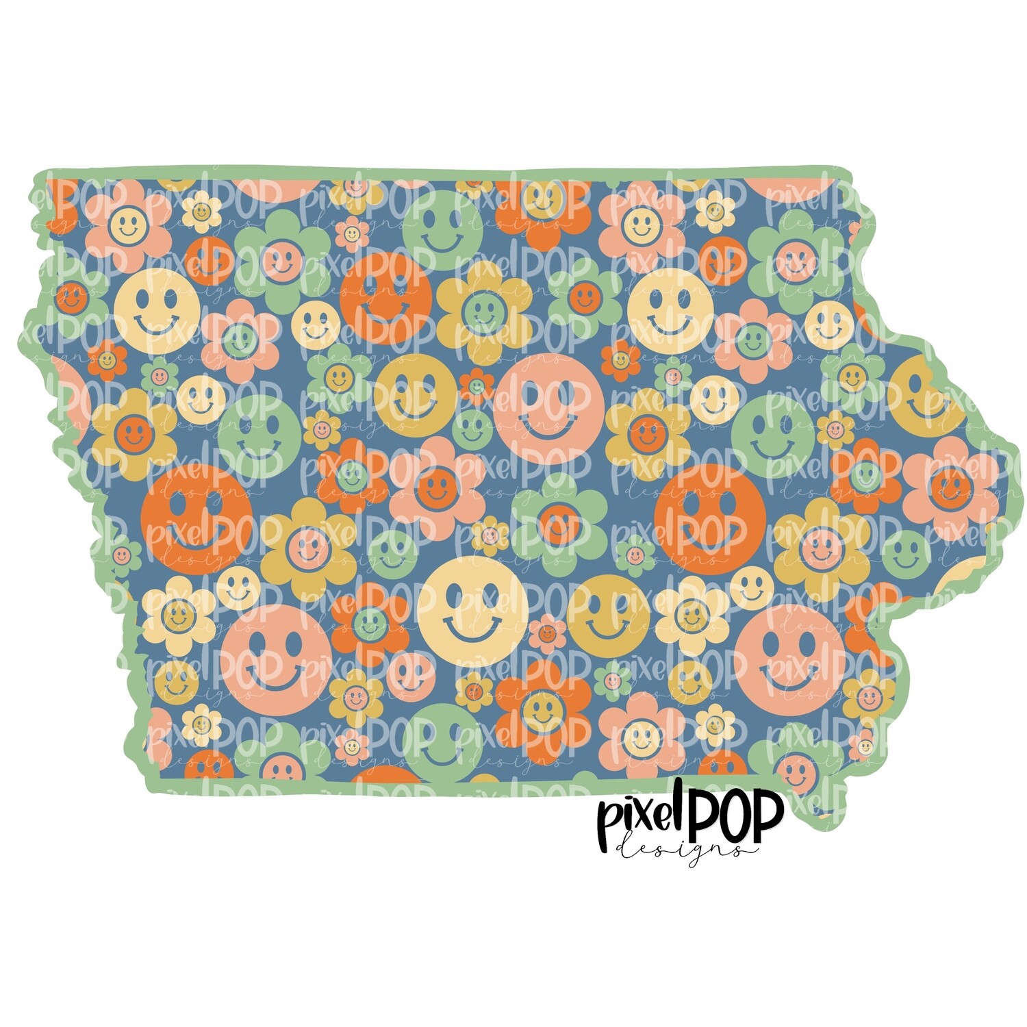 State of Iowa Shape Retro Smileys Digital PNG | Texas TX | Home State | Heat Transfer | Digital | Floral State Shape