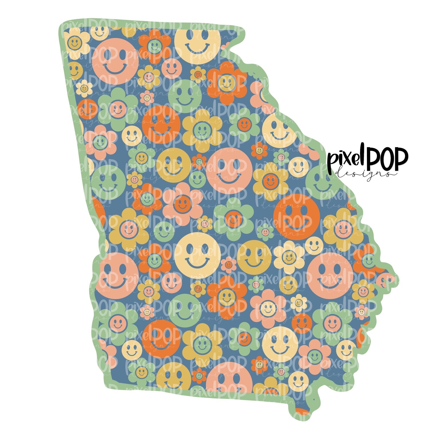 State of Georgia Shape Retro Smileys Digital PNG | Texas TX | Home State | Heat Transfer | Digital | Floral State Shape