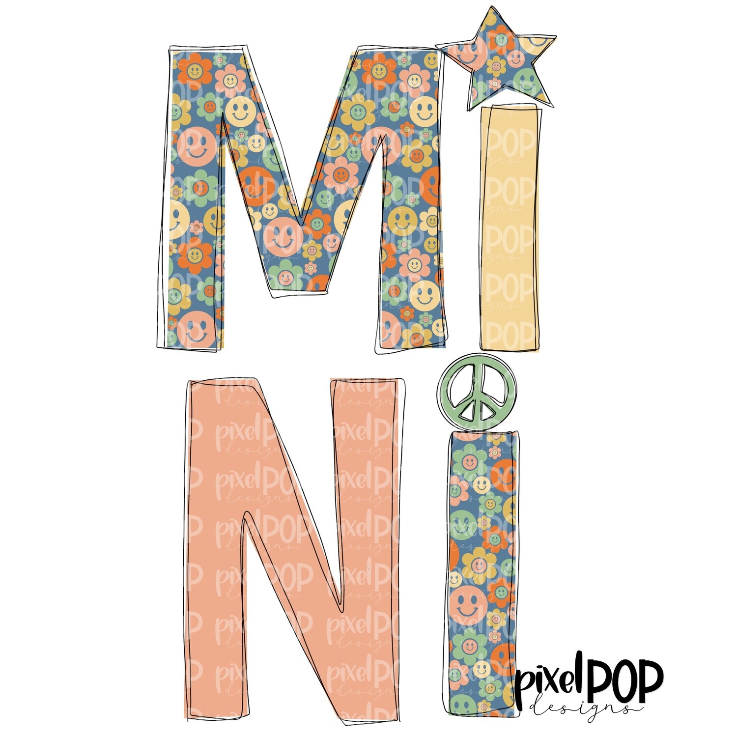 Mini Retro Smileys Design PNG | Mama Art | Mini Daughter Design | Hand Drawn PNG | Sublimation PNG | Digital Download | Mother's Day | Art