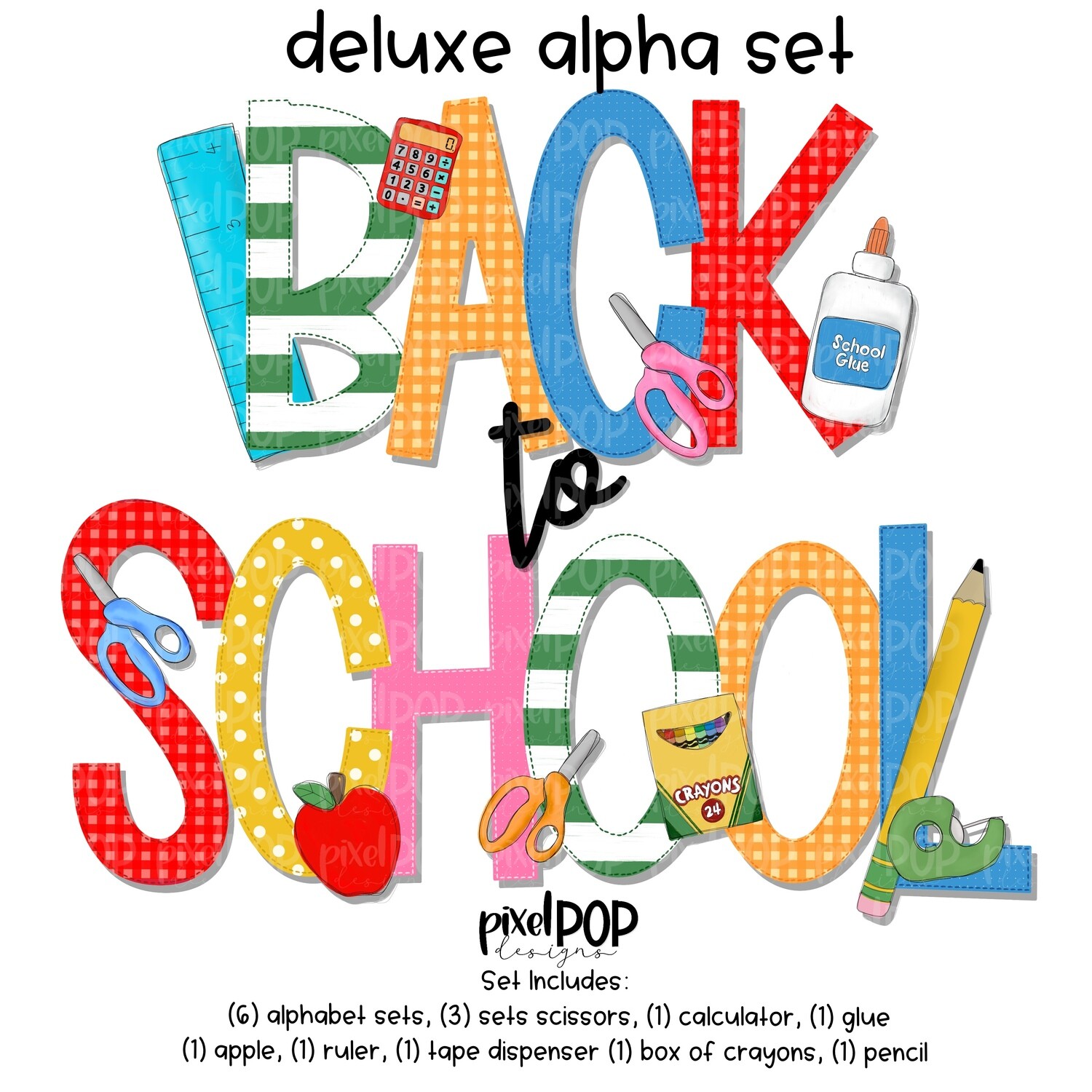 Back to School Deluxe Alphabet Letter Set | School Alphapack Font | PNG | Sublimation Doodle Letter | Font Set | Transfer Letters