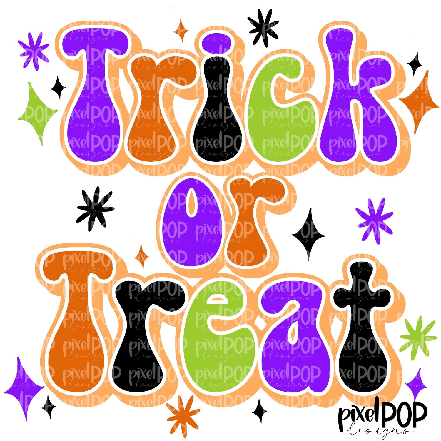 Trick or Treat Retro (BLACK, PURPLE, LIME, ORANGE) Textured PNG | Halloween Design | Spooky Sublimation PNG | Digital Download | Printable Artwork | Art