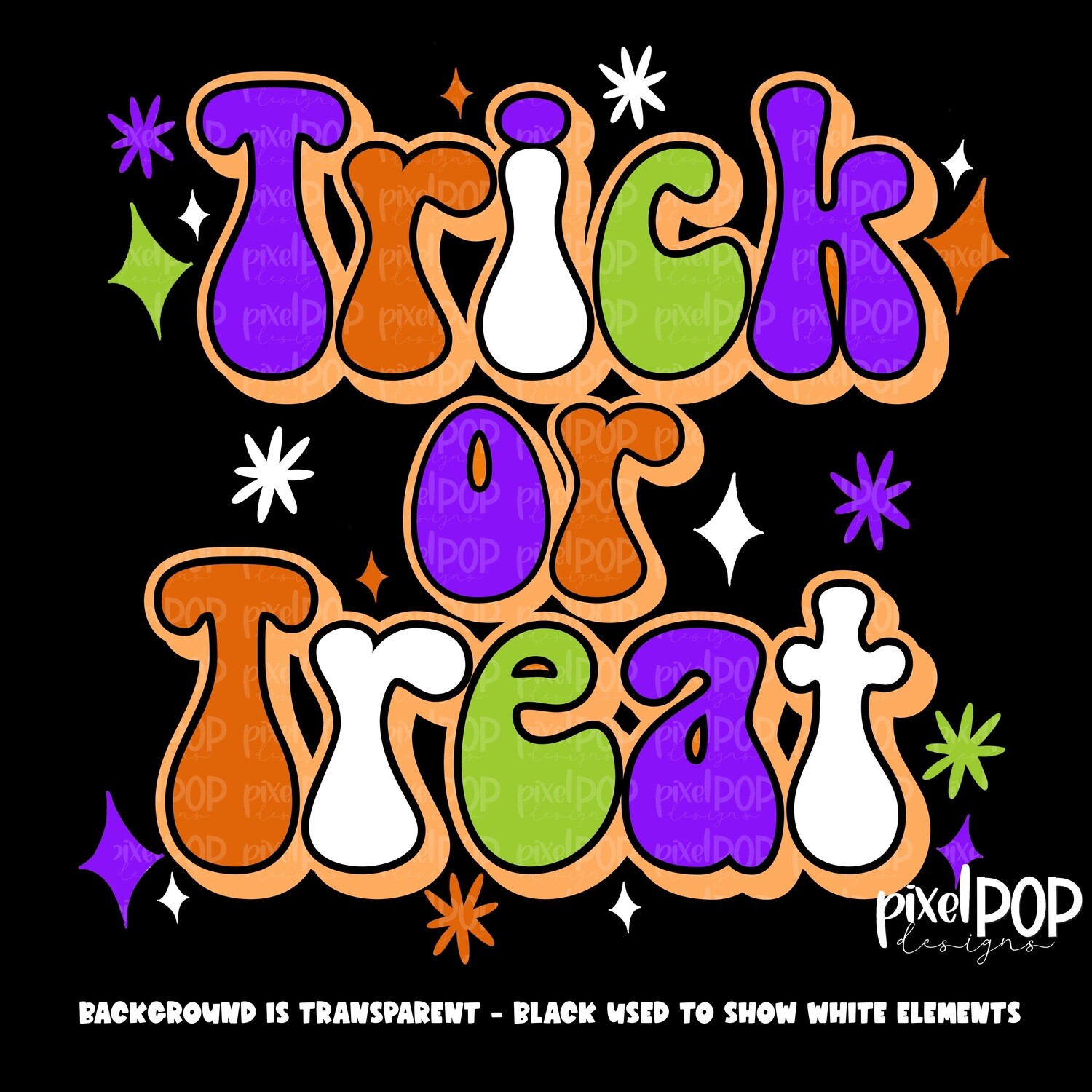 Trick or Treat Retro (WHITE, PURPLE, LIME, ORANGE) Textured PNG | Halloween Design | Spooky Sublimation PNG | Digital Download | Printable Artwork | Art