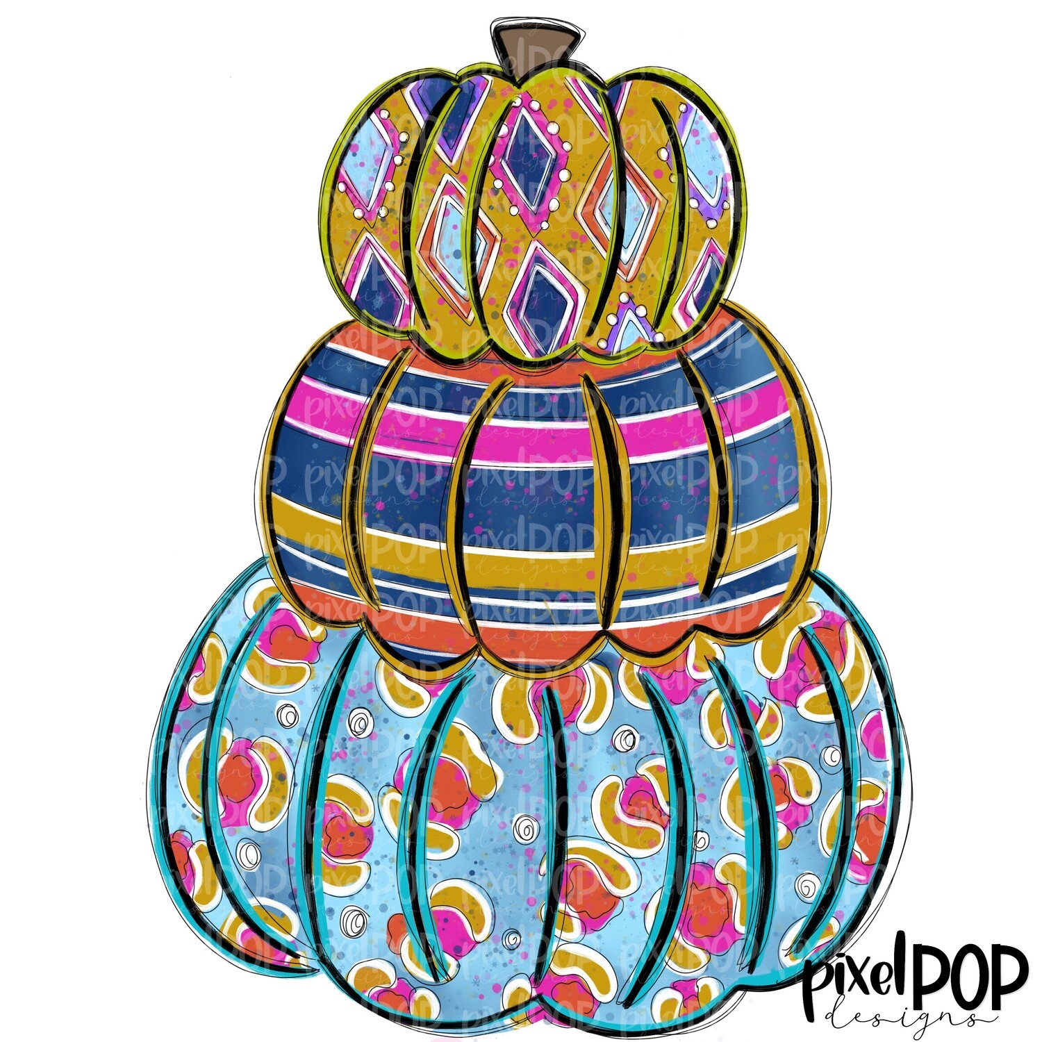 Trio Stacked Pumpkins Blues PNG | Halloween Pumpkin | Hand Drawn Digital Design | Sublimation PNG | Digital Download | Printable Artwork | Art