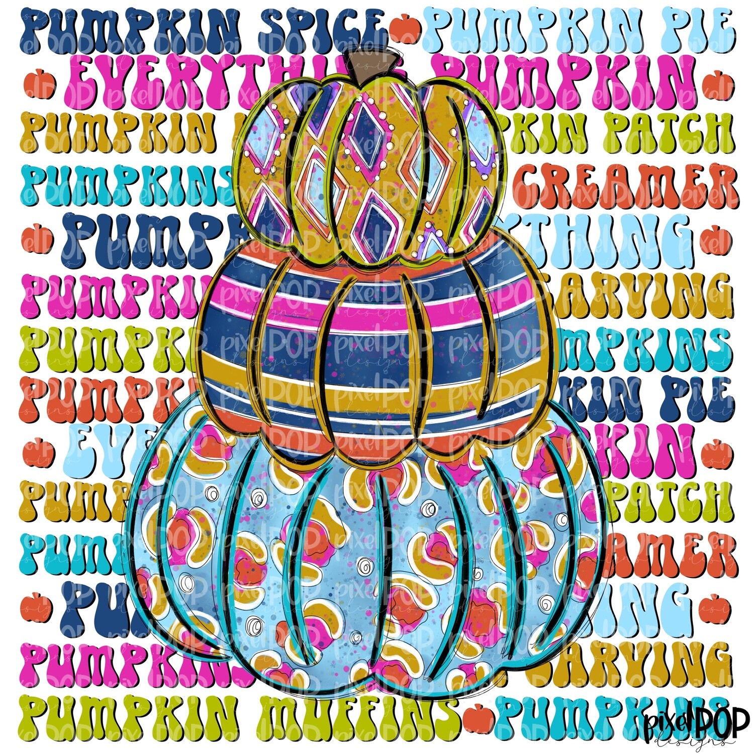 Trio Stacked Pumpkins with Pumpkin Words PNG | Halloween Pumpkin | Hand Drawn Digital Design | Sublimation PNG | Digital Download | Printable Artwork | Art