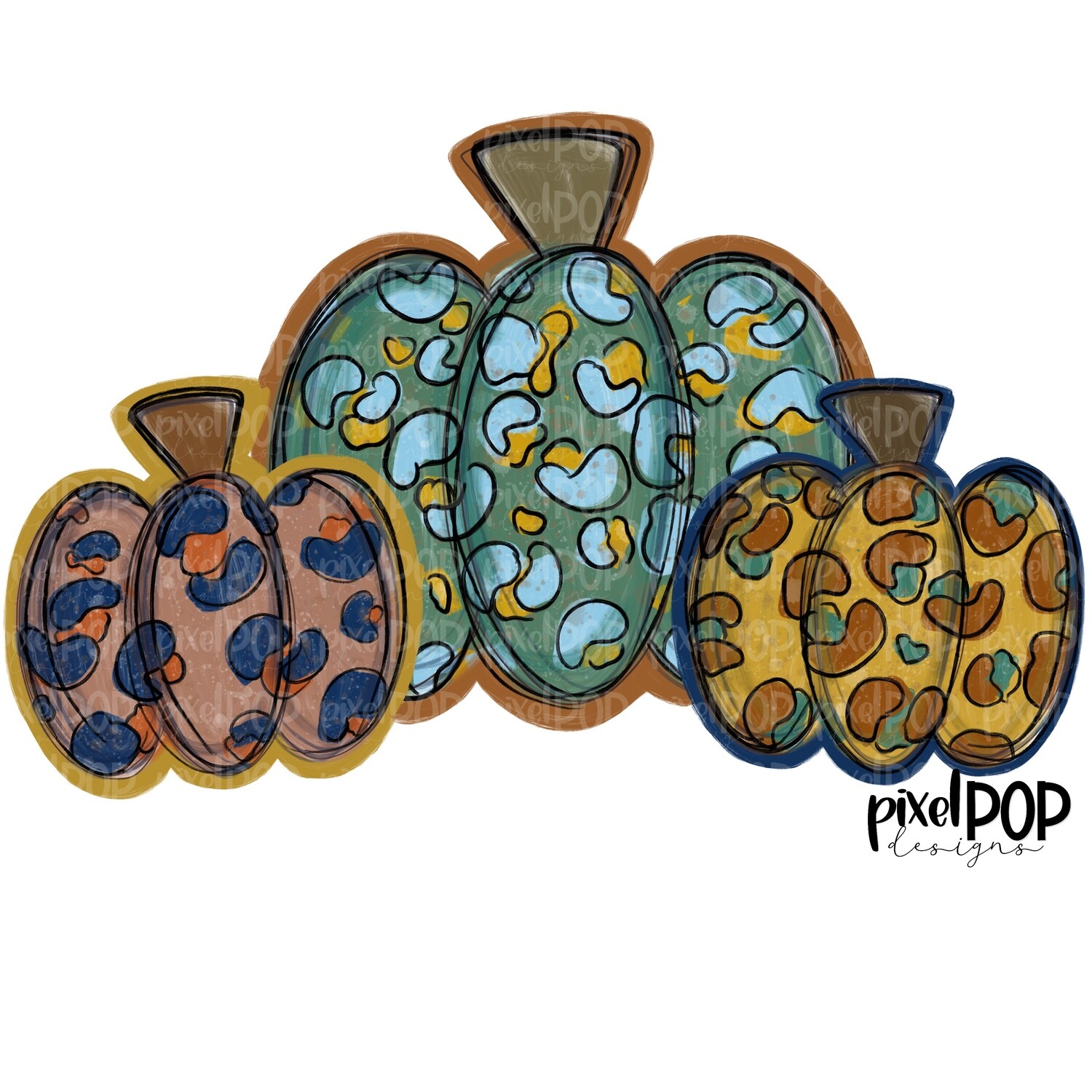 Fall Pumpkin Trio Leopard Print PNG Design | Hand Drawn Design | Sublimation PNG | Digital Download | Printable Artwork | Art