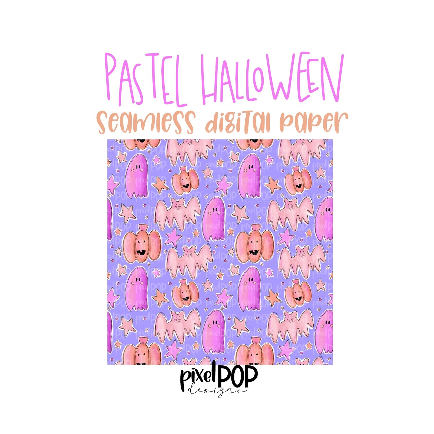 Pastel Halloween Ghost Bat and Pumpkin Seamless Digital Paper PNG | Halloween Digital | Hand Painted | Sublimation PNG | Digital Download | Digital Scrapbooking Paper