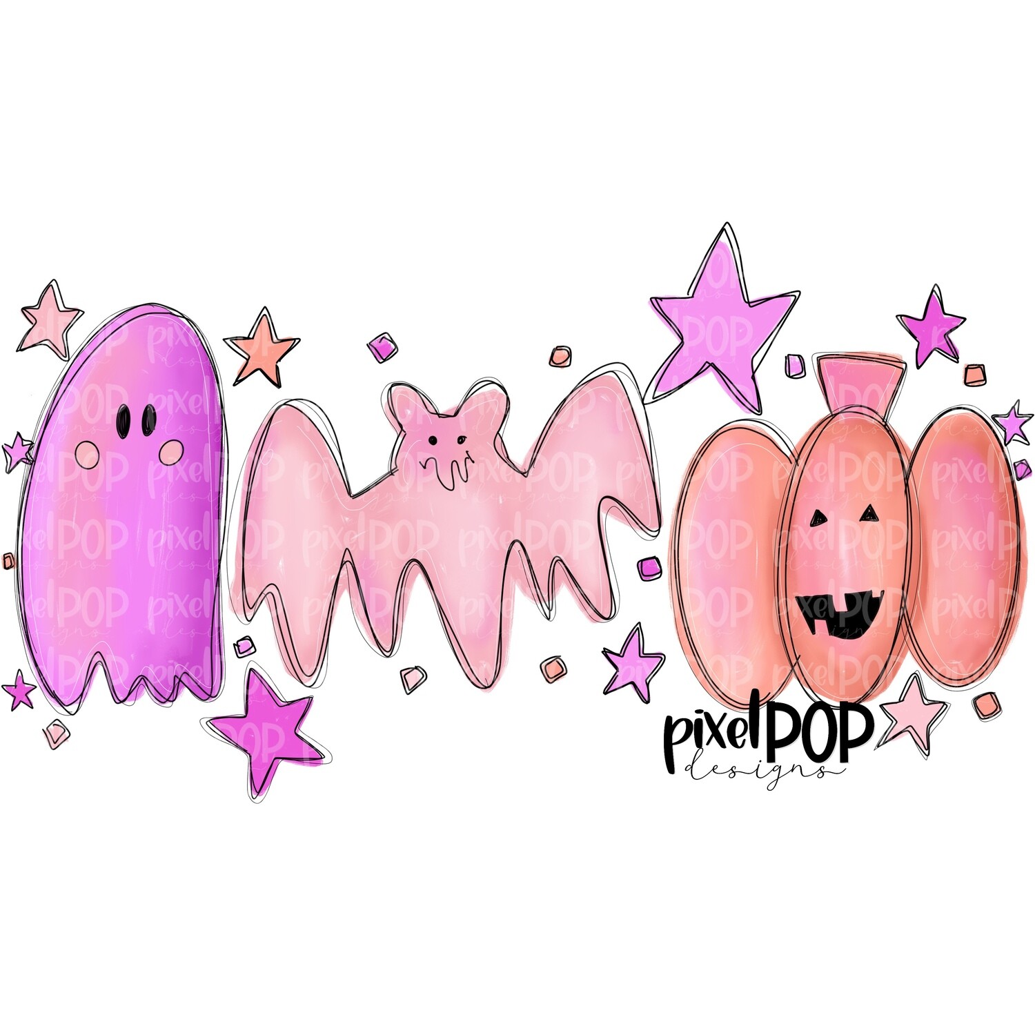 Pastel Ghost Bat and Pumpkin Halloween Pink Sublimation PNG | Hand Drawn Sublimation Design | Sublimation PNG | Digital Download | Printable Artwork | Art
