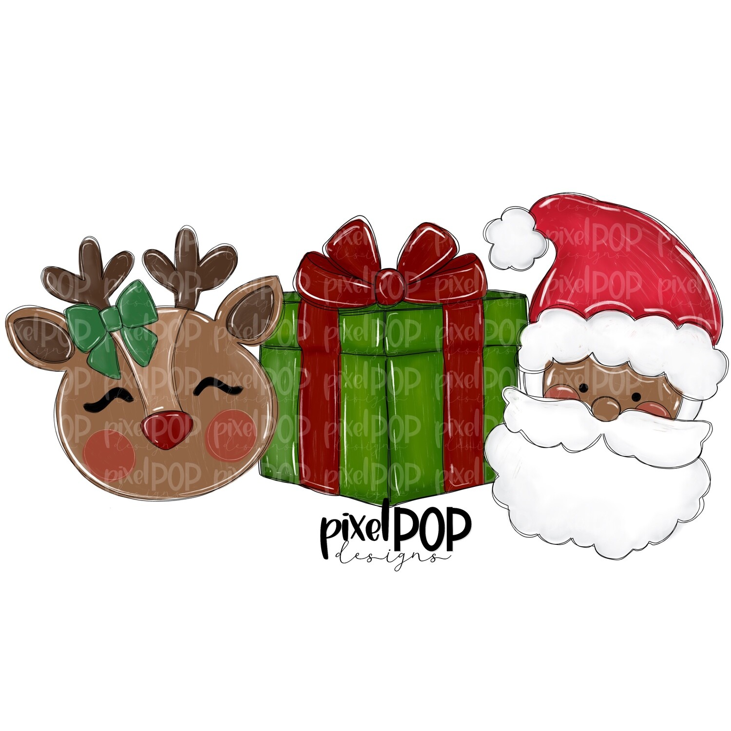 Reindeer Girl, Present, and Santa Dark Trio PNG | Christmas Art | Santa | Santa Clip Art | Santa Claus | Christmas | Digital Download | Printable Artwork | Art