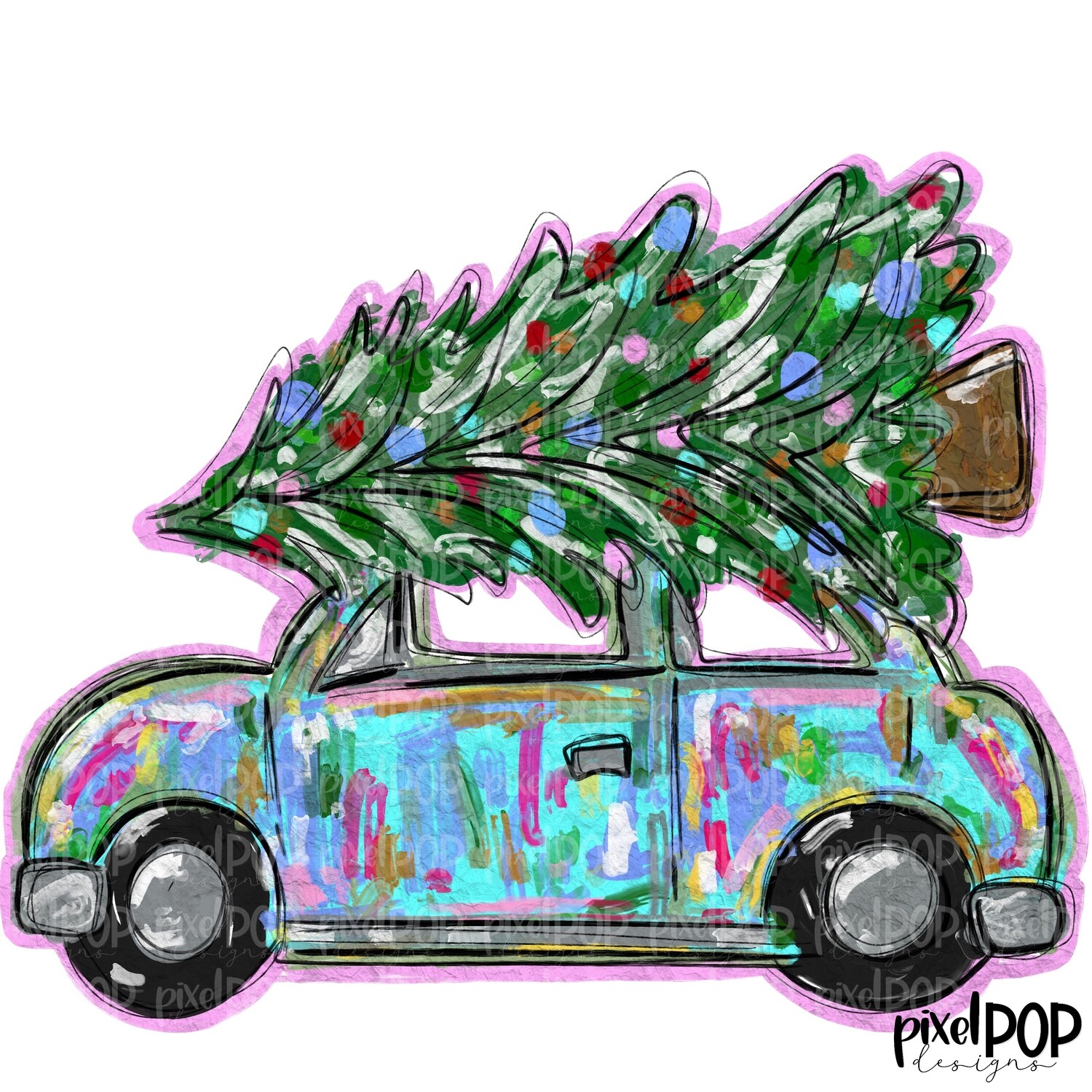 Christmas Tree Car, Aqua, Colorful | Happy Holidays Sublimation PNG | Hand Drawn Art | Sublimation PNG | Digital Download | Printable Artwork | Merry