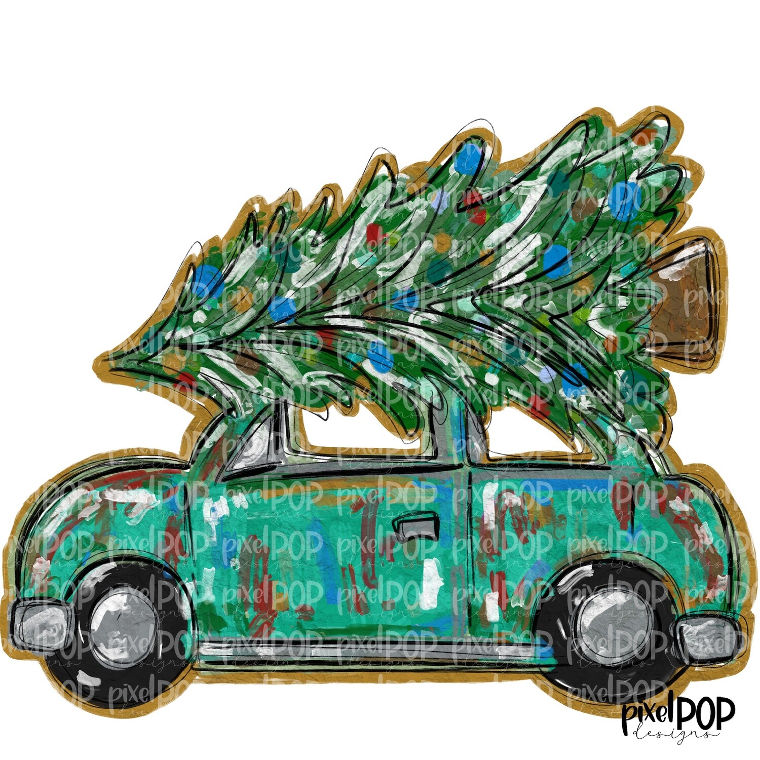Christmas Tree Car, Teal, Colorful | Happy Holidays Sublimation PNG | Hand Drawn Art | Sublimation PNG | Digital Download | Printable Artwork | Merry