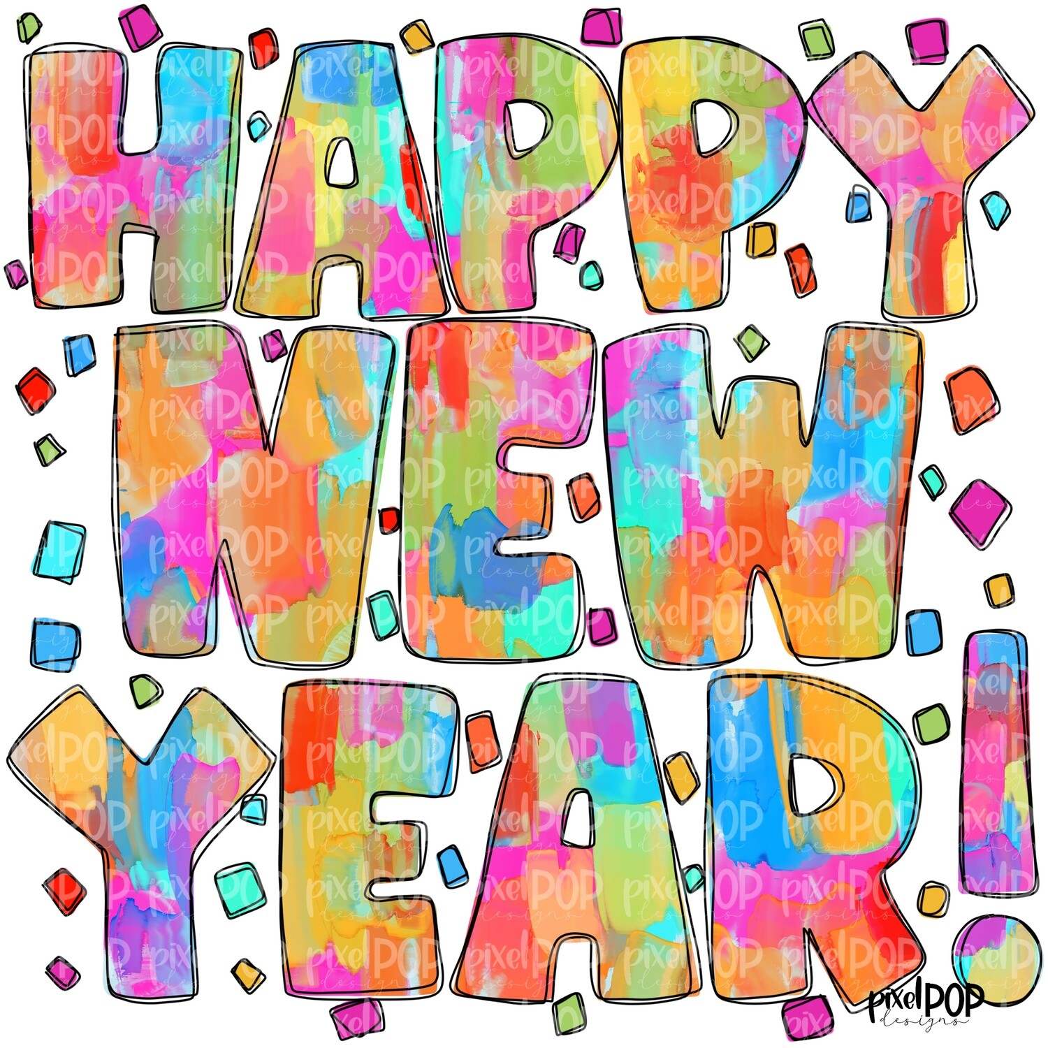 Happy New Year Colorful PNG | New Year's Eve Art | Hand Drawn Design | Sublimation PNG | Digital Download