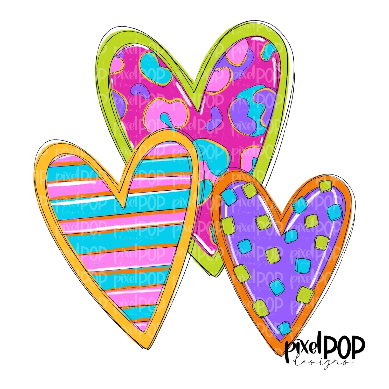 Bright Funky Valentine Hearts Trio PNG | Valentine Hearts | Sassy Valentine Design Heart | Hand Painted Art | Digital Design | Printable Art