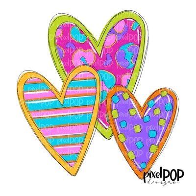 Bright Funky Valentine Hearts Trio PNG | Valentine Hearts | Sassy Valentine Design Heart | Hand Painted Art | Digital Design | Printable Art