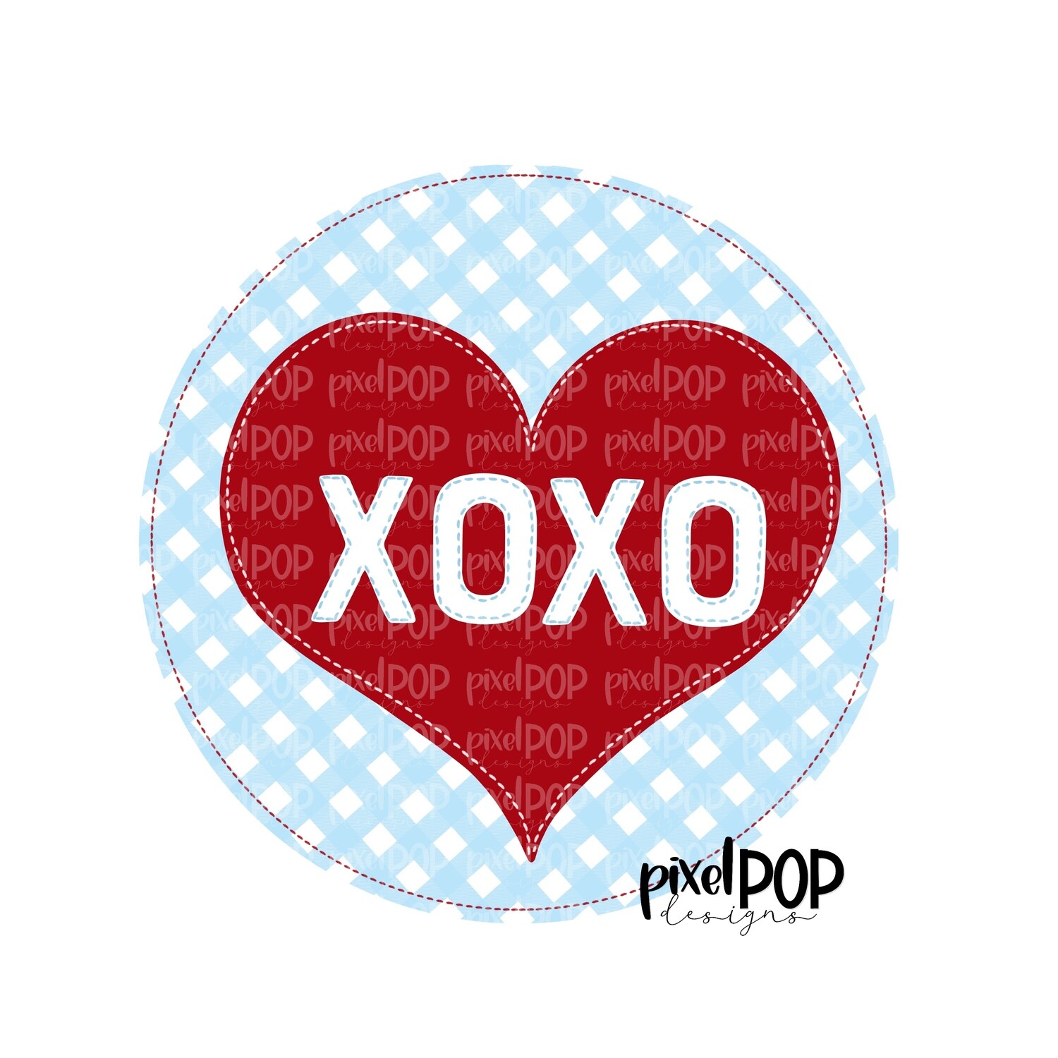 Faux Applique Heart XOXO Circle Blue PNG | Valentine Hearts | Sassy Valentine Design Heart | Hand Painted Art | Digital Design | Printable Art