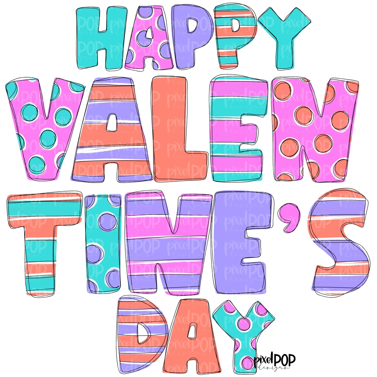 Happy Valentine's Day Pink Aqua Purple Coral PNG | Valentine Hearts | Valentine Design Heart | Hand Painted Art | Digital Design | Printable Art