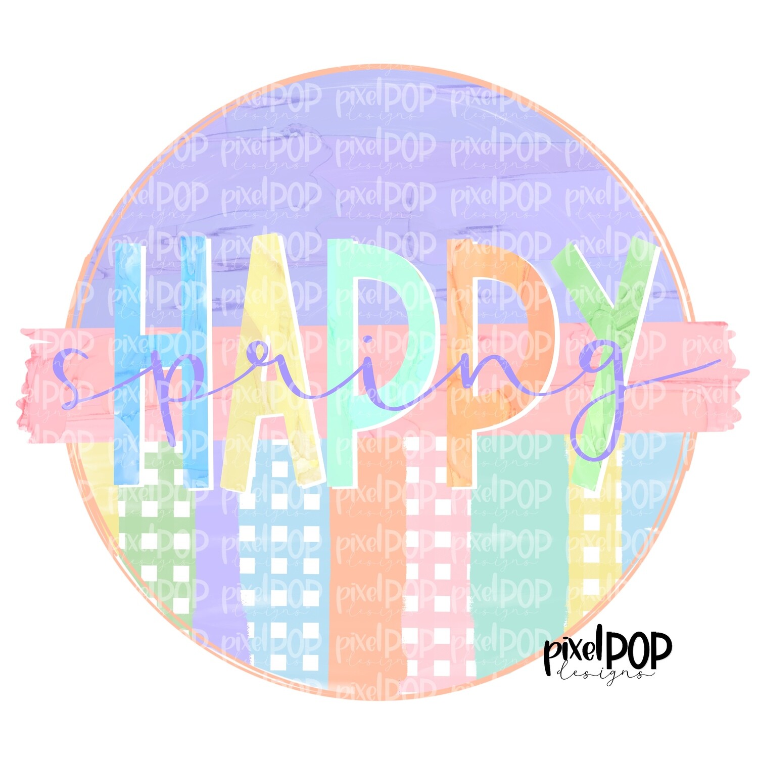 Happy Spring Pastel Gingham Circle Banner PNG | Spring Easter Design | Hand Drawn PNG | Digital Download | Printable Art