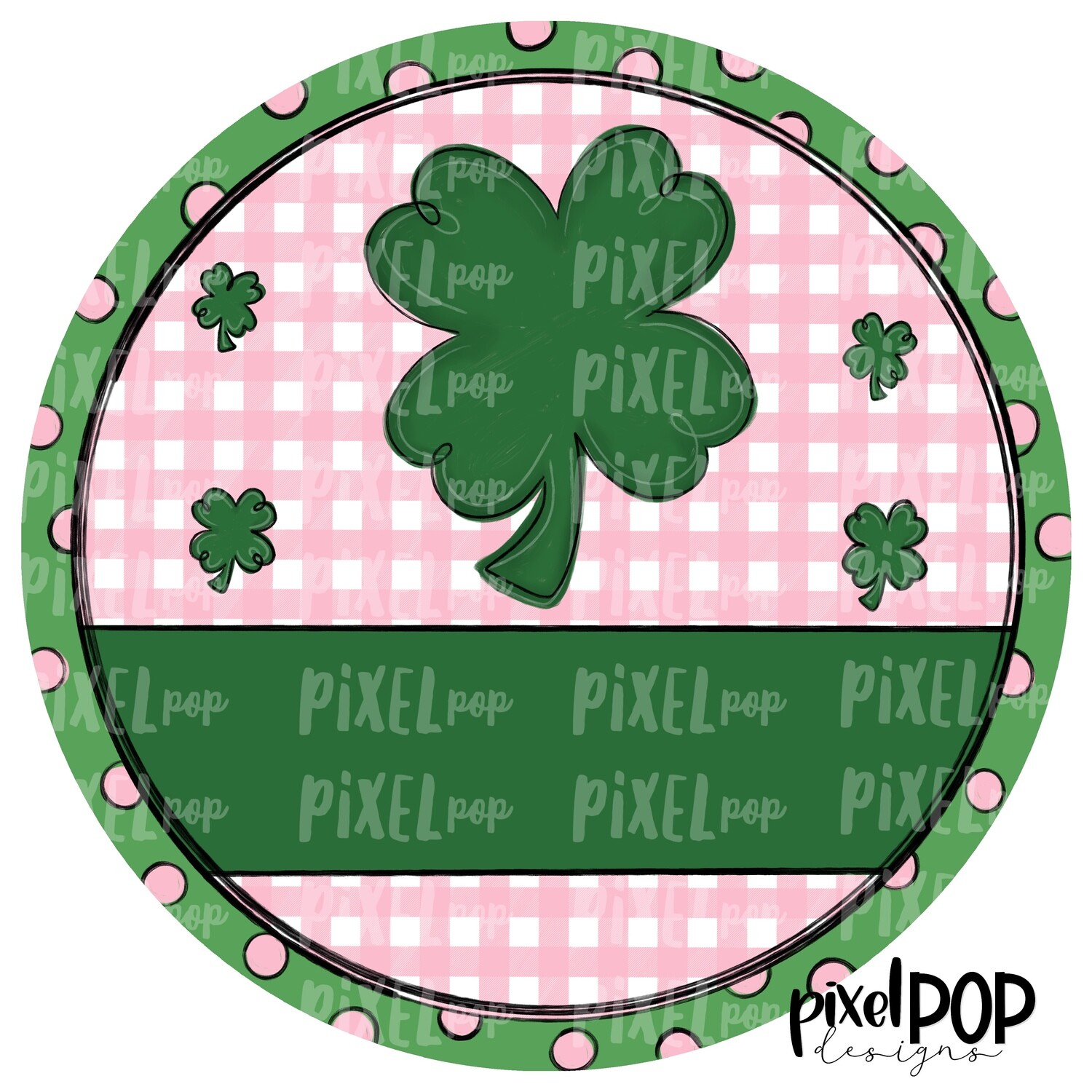 Circle Saint Patrick's Day Pink Gingham PNG | Four Leaf Clover | Lucky PNG | Hand Painted Art | Digital Art | Printable | St. Paddy's Day Sublimation