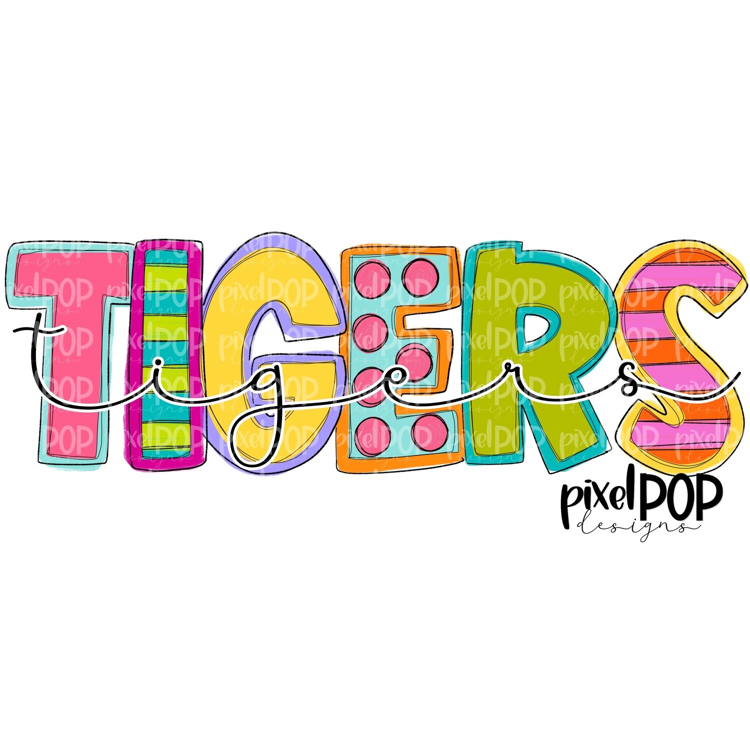 Funky Block and Script Mascots Tigers PNG | Team Sublimation Design | Team Spirit Design | Tigers Clip Art | Digital Download | Printable Artwork
