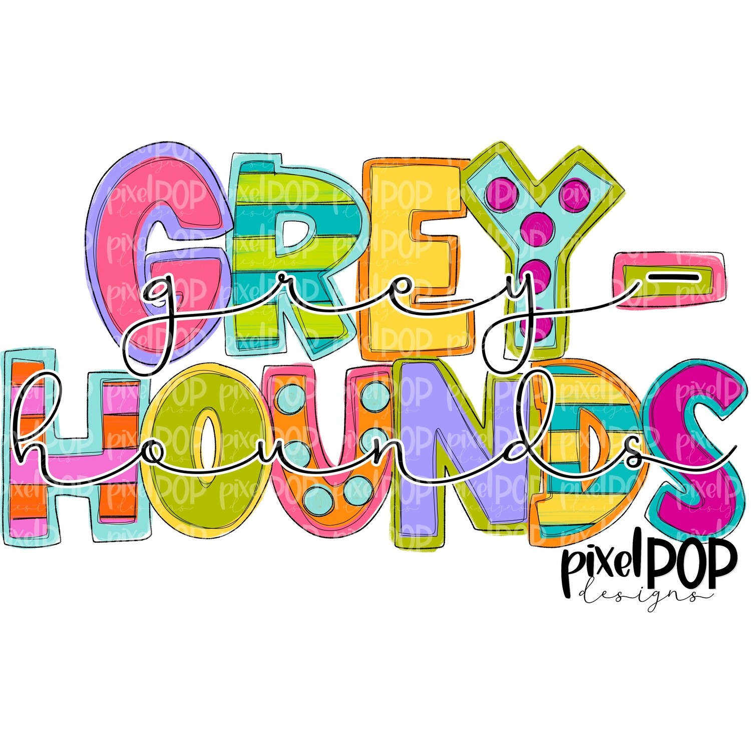 Funky Block and Script Mascots Greyhounds PNG | Team Sublimation Design | Team Spirit Design | Greyhounds Clip Art | Digital Download | Printable Artwork