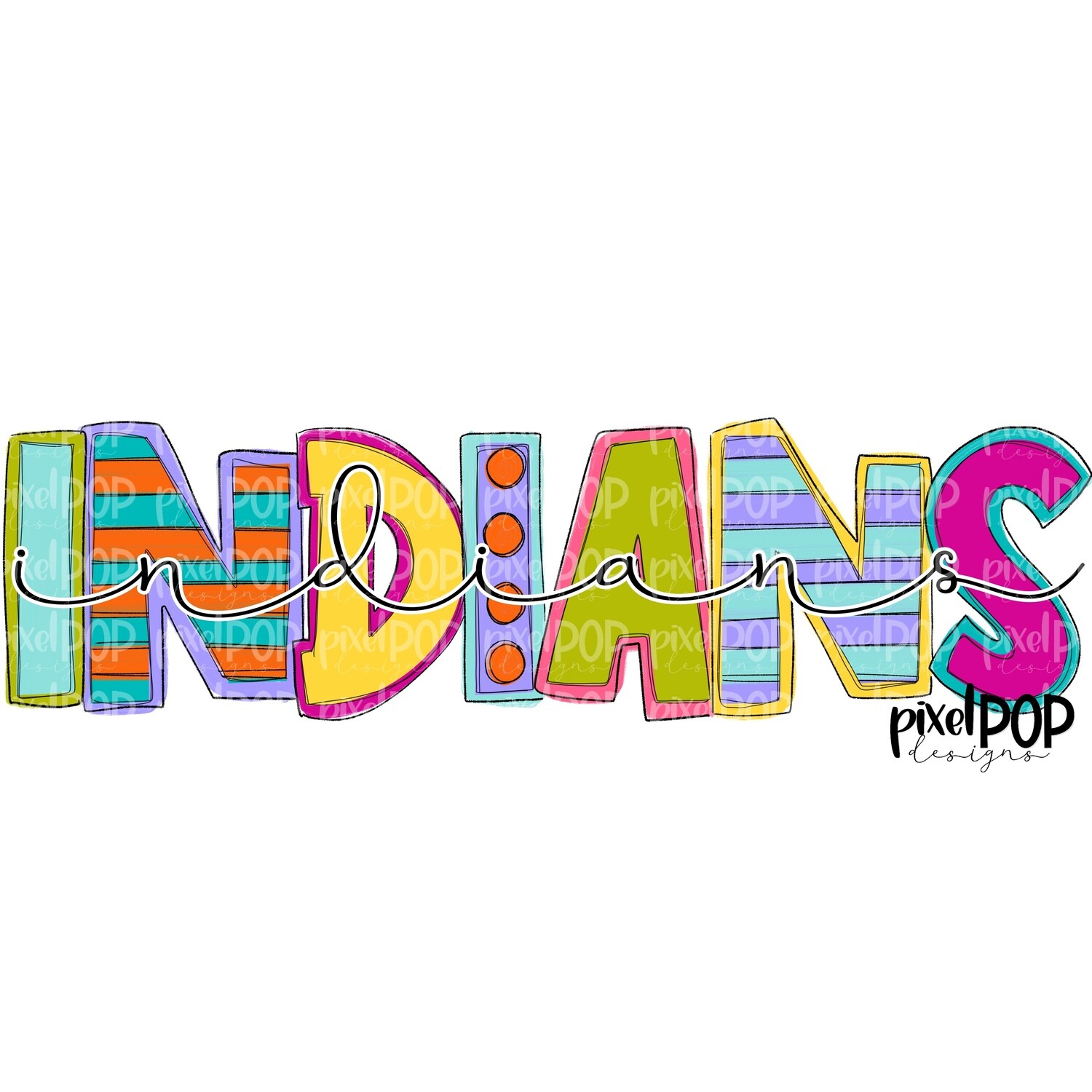 Funky Block and Script Mascots Indians PNG | Team Sublimation Design | Team Spirit Design | Indians Clip Art | Digital Download | Printable Artwork