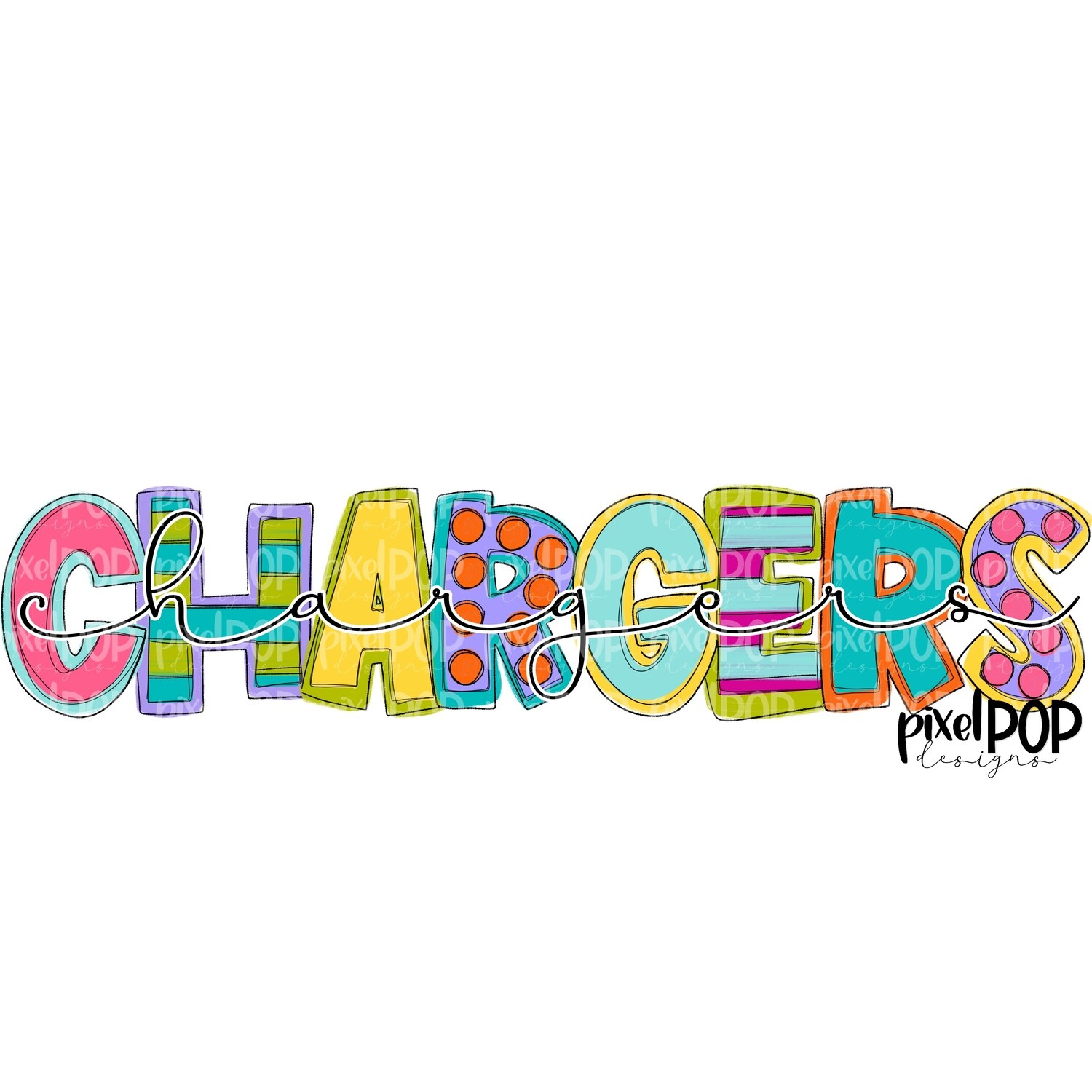 Funky Block and Script Mascots Chargers PNG | Team Sublimation Design | Team Spirit Design | Chargers Clip Art | Digital Download | Printable Artwork