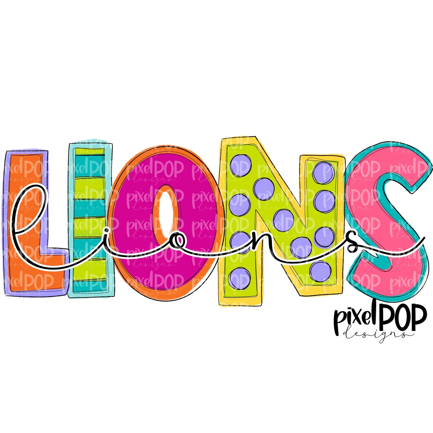 Funky Block and Script Mascots Lions PNG | Team Sublimation Design | Team Spirit Design | Lions Clip Art | Digital Download | Printable Artwork