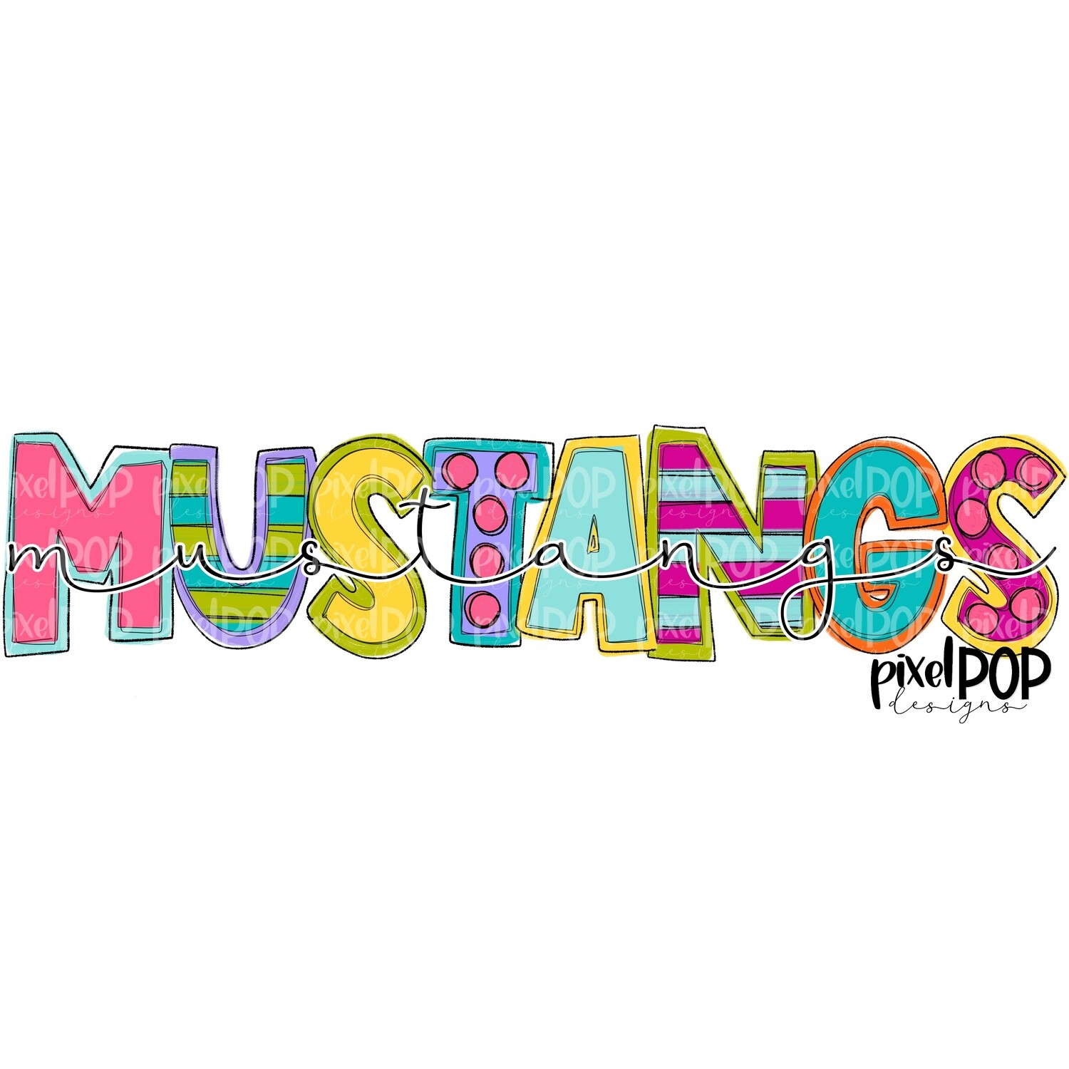 Funky Block and Script Mascots Mustangs PNG | Team Sublimation Design | Team Spirit Design | Mustangs Clip Art | Digital Download | Printable Artwork