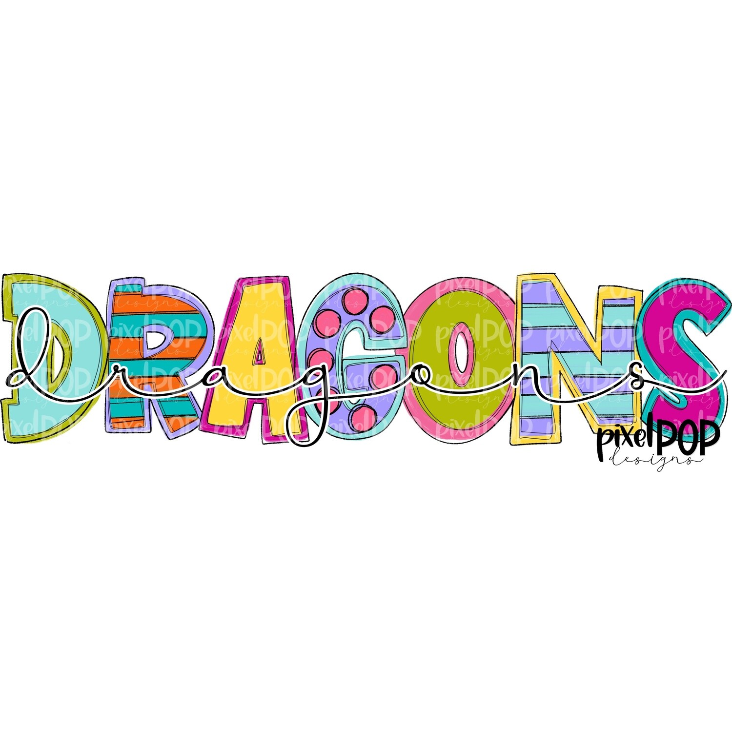 Funky Block and Script Mascots Dragons PNG | Team Sublimation Design | Team Spirit Design | Dragons Clip Art | Digital Download | Printable Artwork