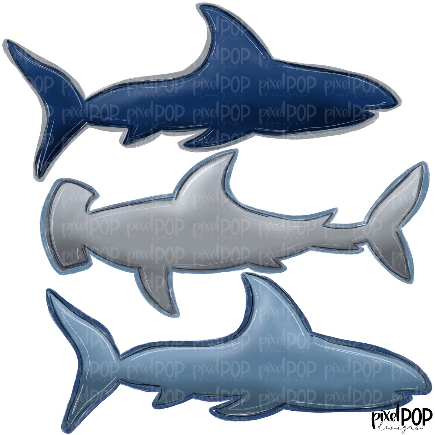 Sharks Trio PNG | Shark | Shark Art | Shark Sublimation | Great Hammerhead Shark Design | Shark Clip Art | Shark Doodle | Digital Shark Art