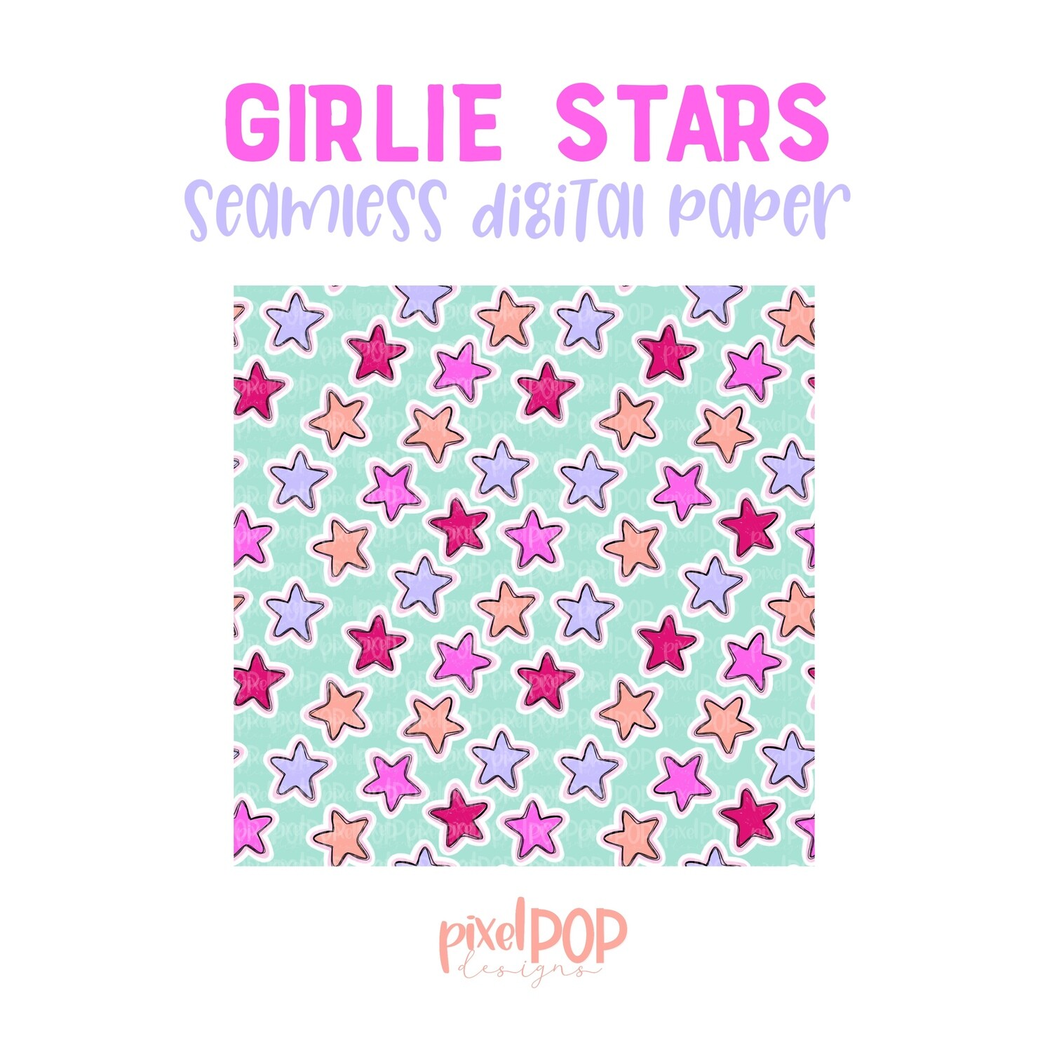 Girlie Stars Digital Paper PNG |  Stars Digital Paper | Seamless Digital Paper | Floral Art | Hand Painted | Digital Download | Digital Scrapbooking