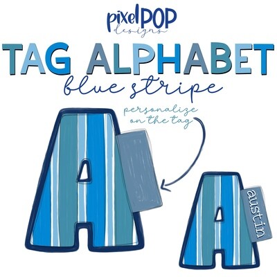Tag Alphabet Letter Set in Blue Stripe | Alphapack Font | Flowers | PNG | Sublimation Doodle Letter | Font Set | Transfer Letters