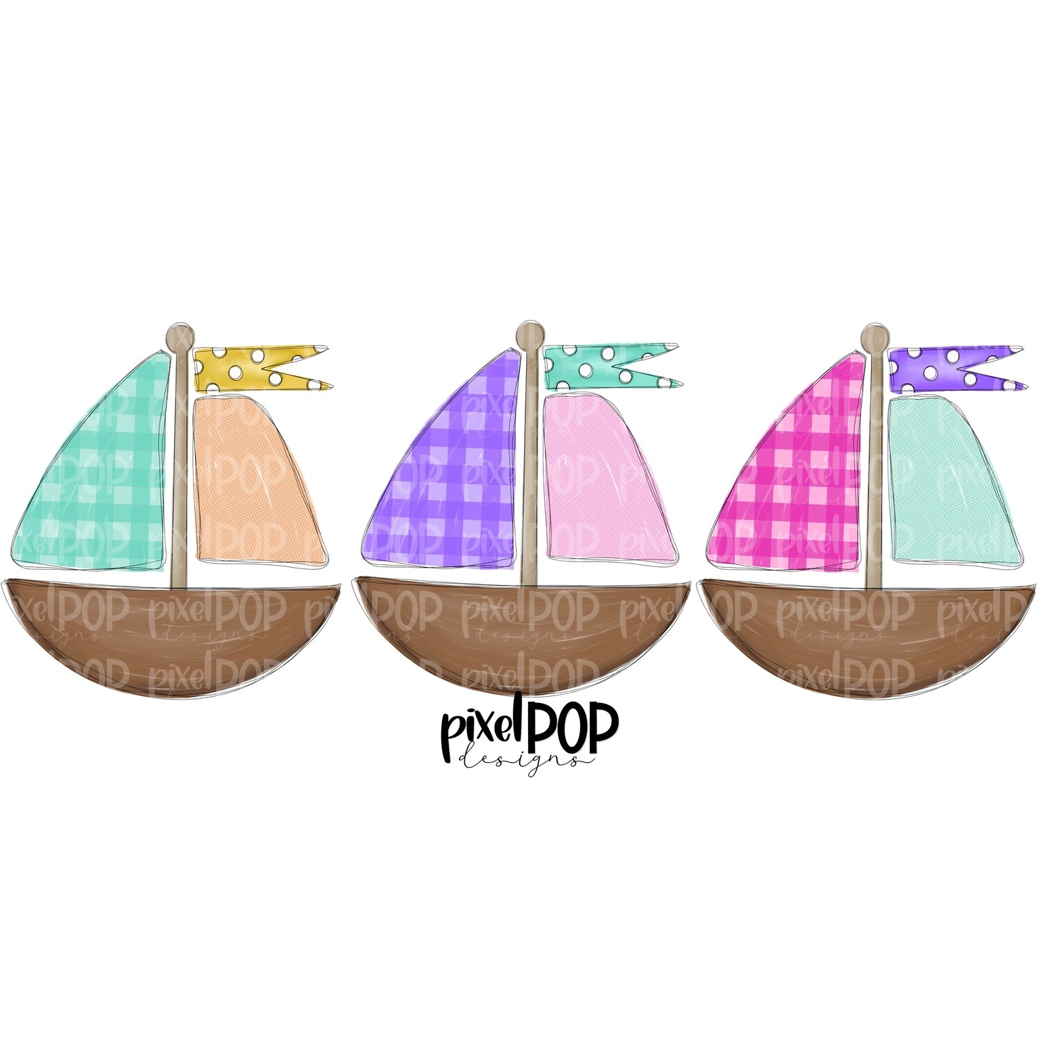 Gingham Sailboats Trio Girl PNG | Sublimation Design | Sailboat Sublimation | Sailboat | Nautical Clip Art | Boat | Pastel Sailboat | Pastel Boats