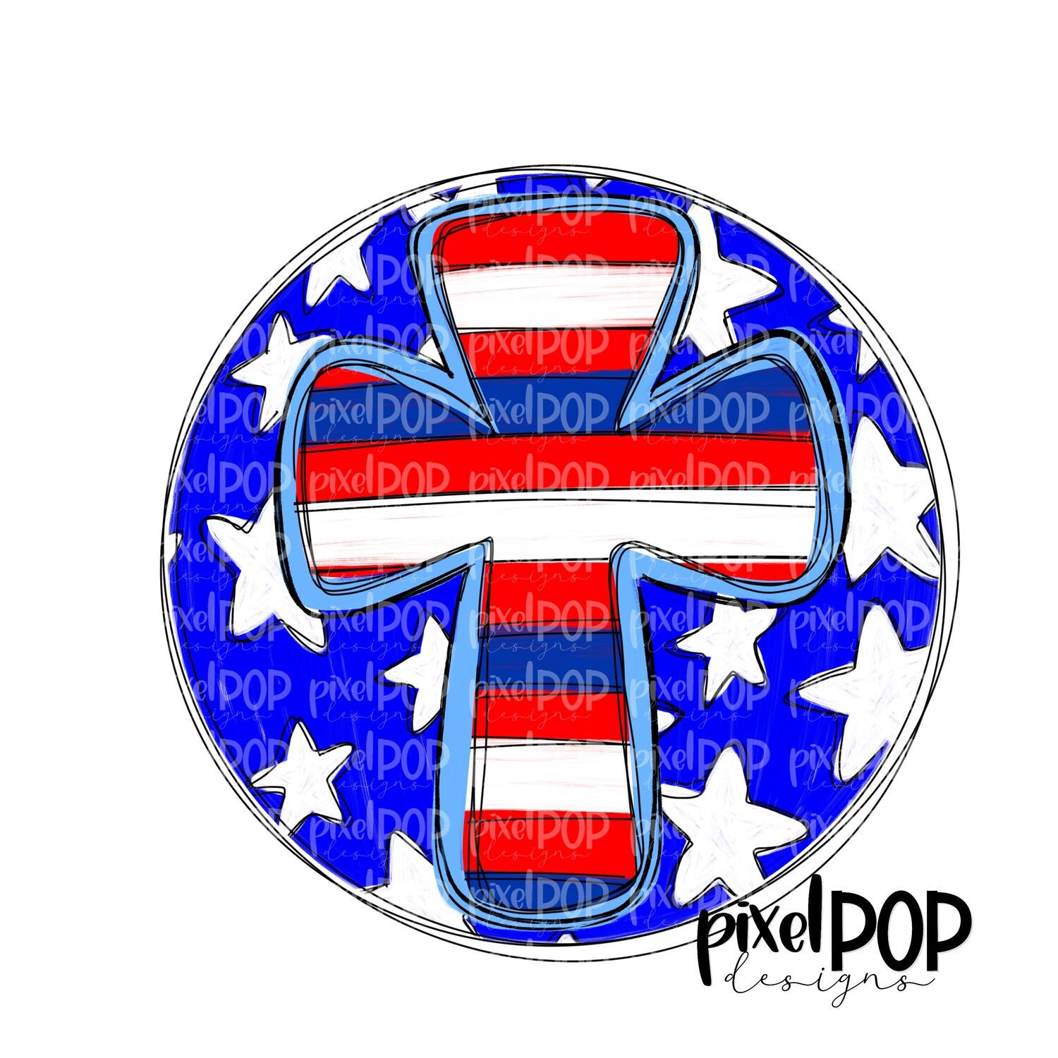 Circle Cross with Stars and Stripes PNG | Hand Drawn PNG | July 4th | Digital Download | Printable Art