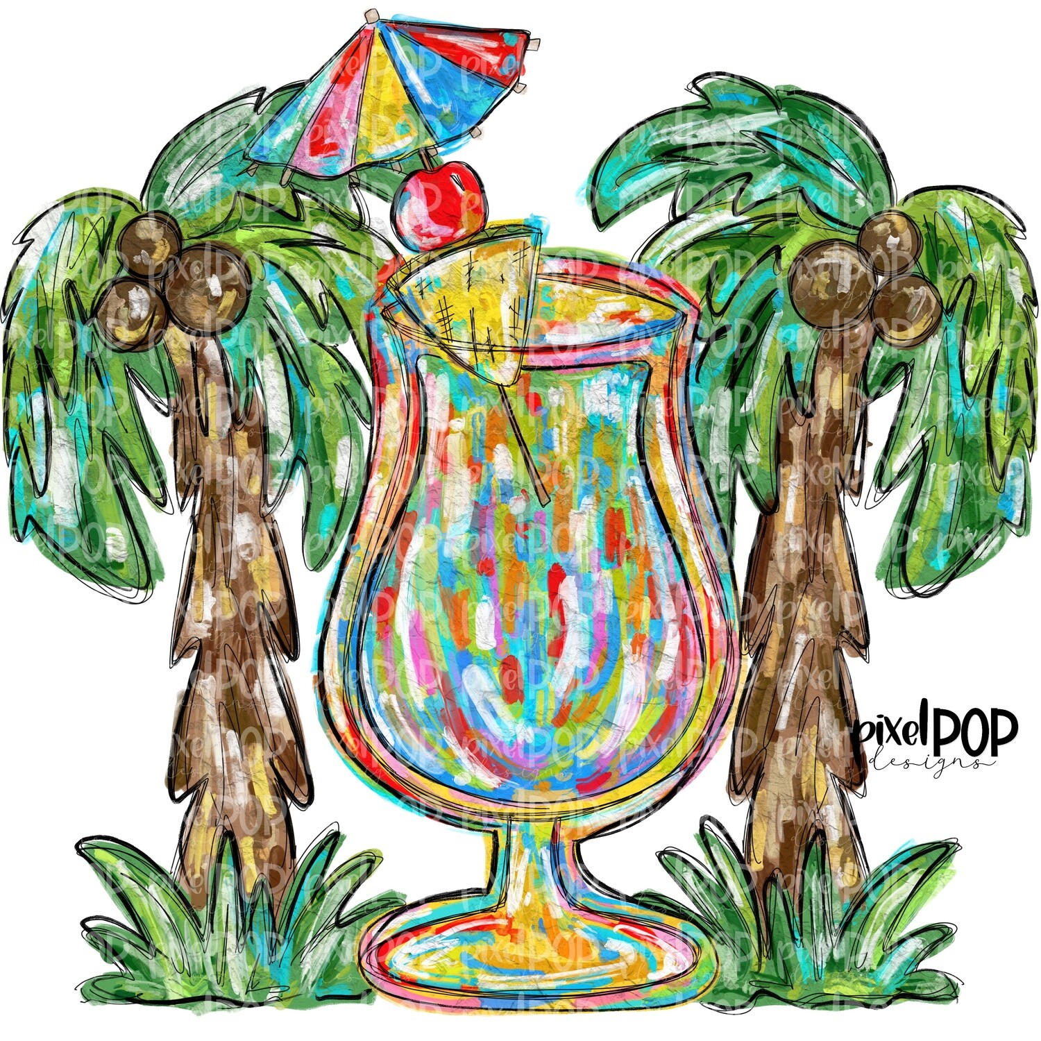 Tropical Drink and Palm Trees PNG | Tropical Drink | Beach | Palm Trees | Sublimation | Hand Drawn PNG | Digital Download | Printable Art | Clip Art