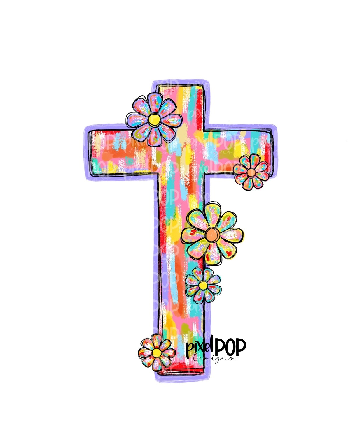 Painted Cross with Flowers PNG | Hand Drawn PNG | Bible Cross | Digital
