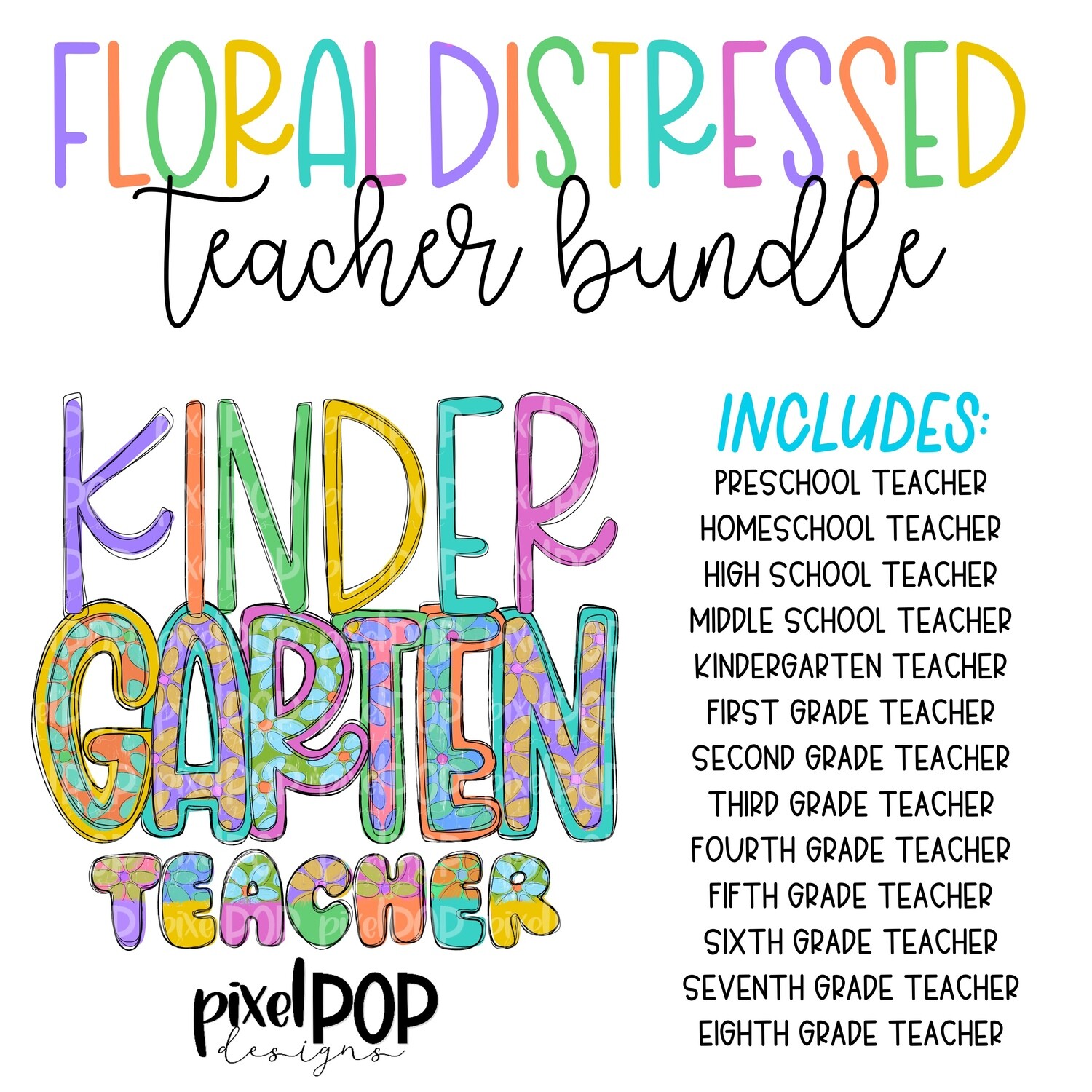 Floral Distressed Teacher PNG Bundle | Teacher Design | Sublimation | Digital | Hand Painted | Digital Download | Teacher Printable